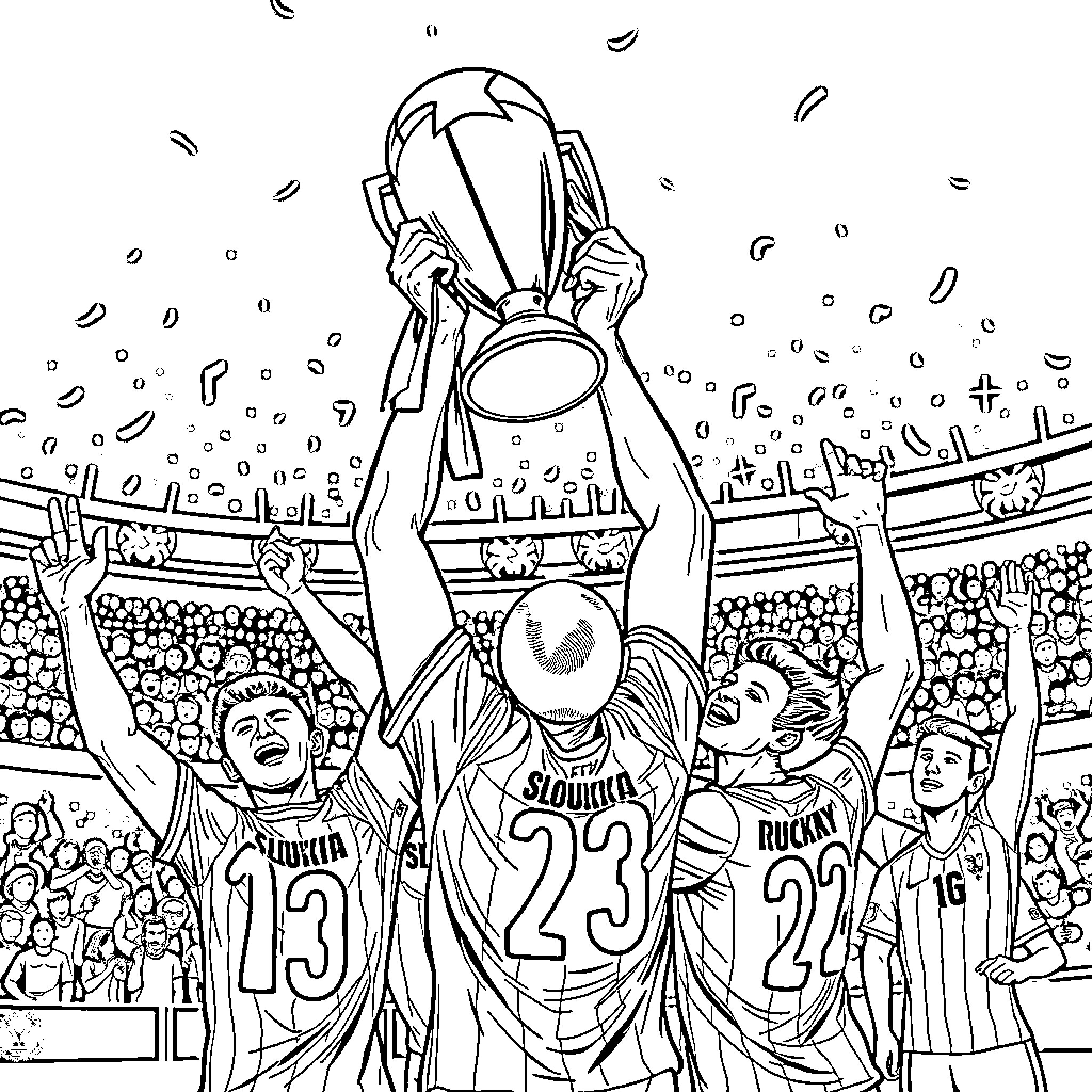 Sloukas Basketball Champions Celebrate Trophy Coloring Page (free black-and-white line drawing printable PDF for all, from beginners to advanced learners, including children, teens, adults, and seniors)