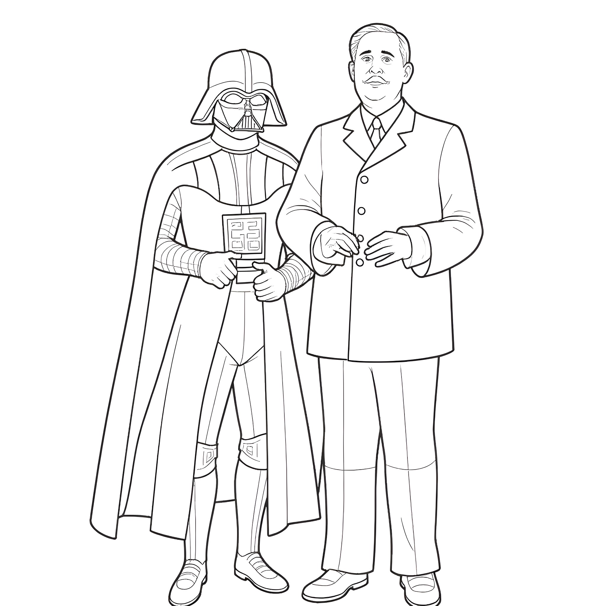 Darth Vader and businessman in formal attire Coloring Page (free black-and-white line drawing printable PDF for all, from beginners to advanced learners, including children, teens, adults, and seniors)