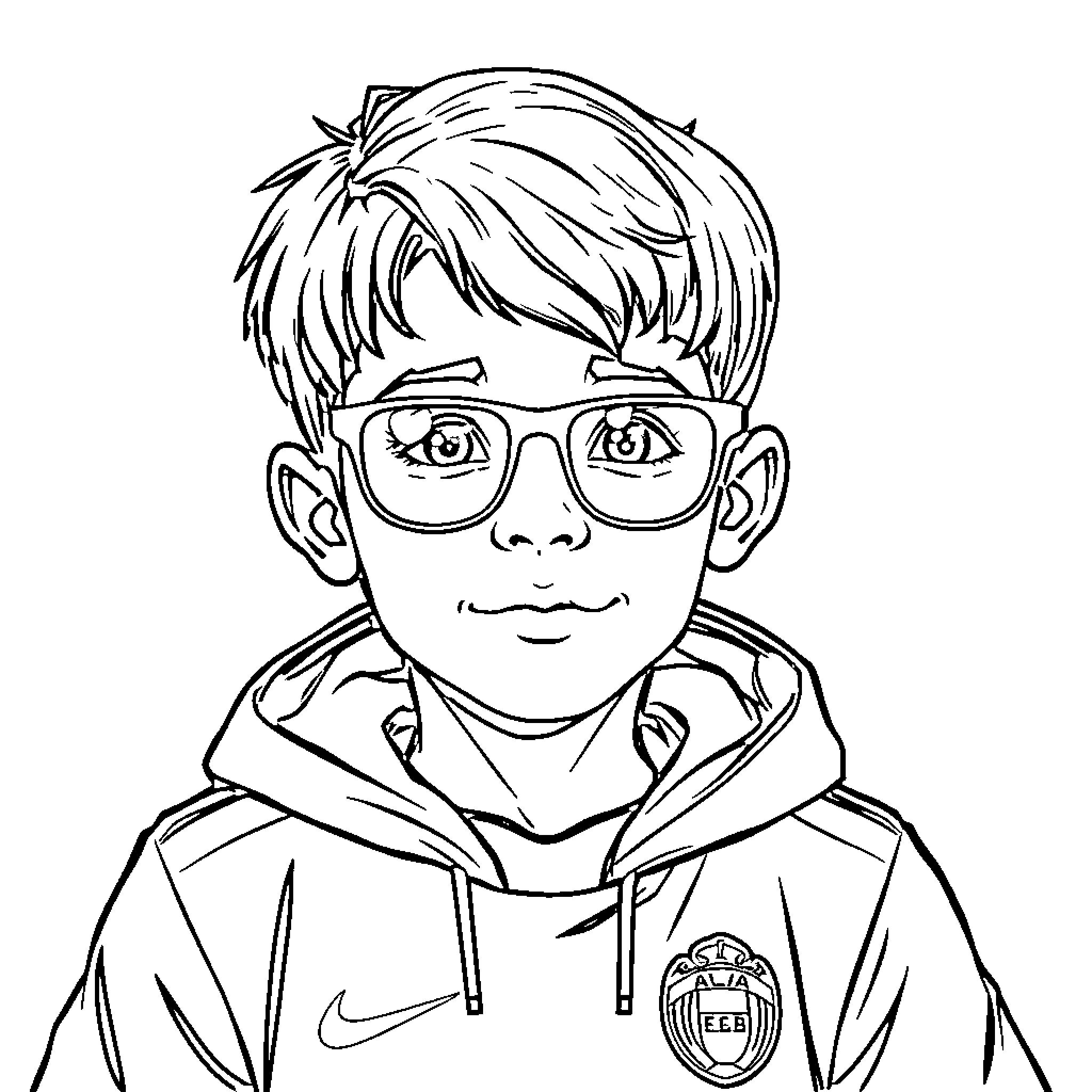 Niño in Glasses and Hoodie Coloring Page (free black-and-white line drawing printable PDF for all, from beginners to advanced learners, including children, teens, adults, and seniors)