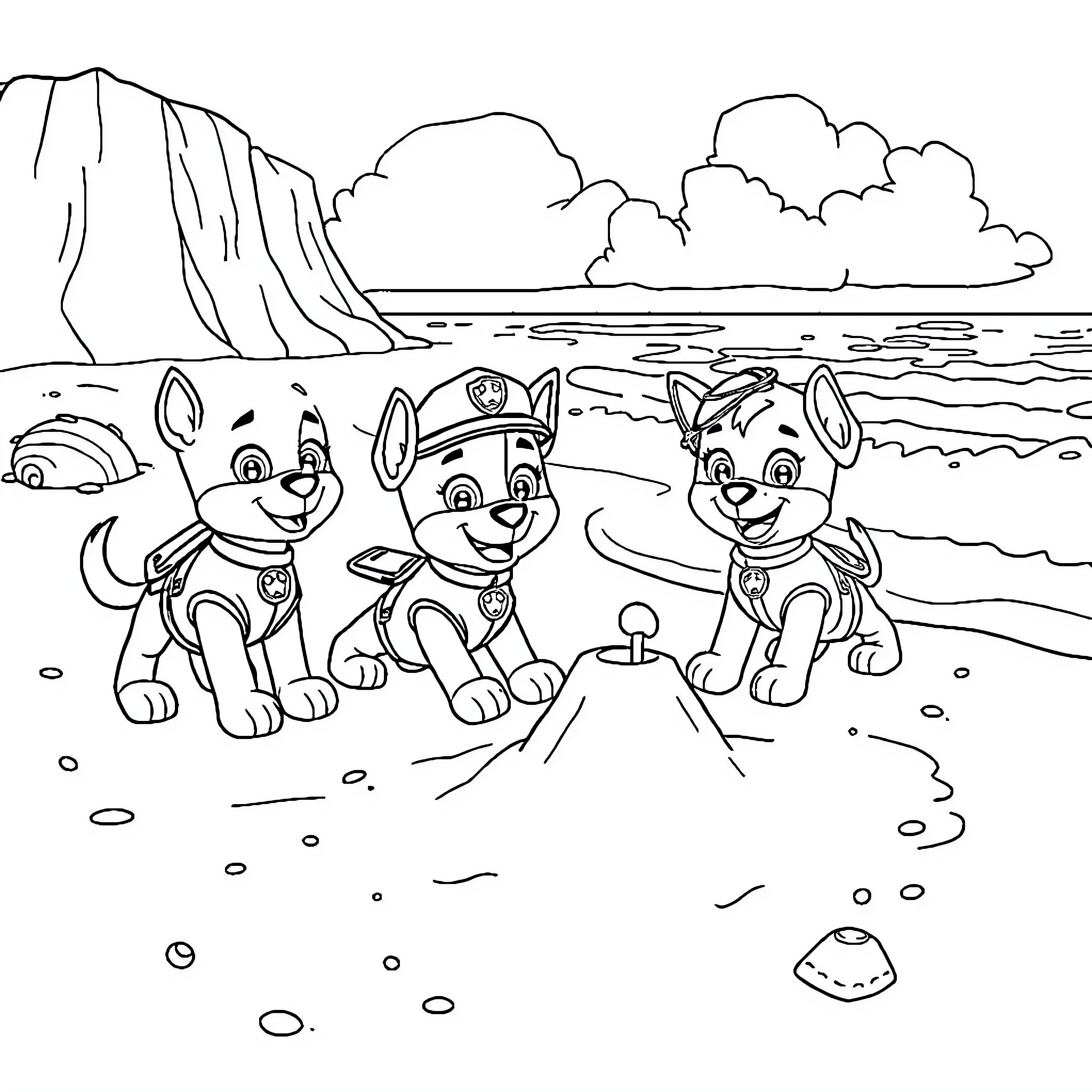 Paw Patrol Puppies Exploring the Beach Scene Coloring Page (free black-and-white line drawing printable PDF for all, from beginners to advanced learners, including children, teens, adults, and seniors)