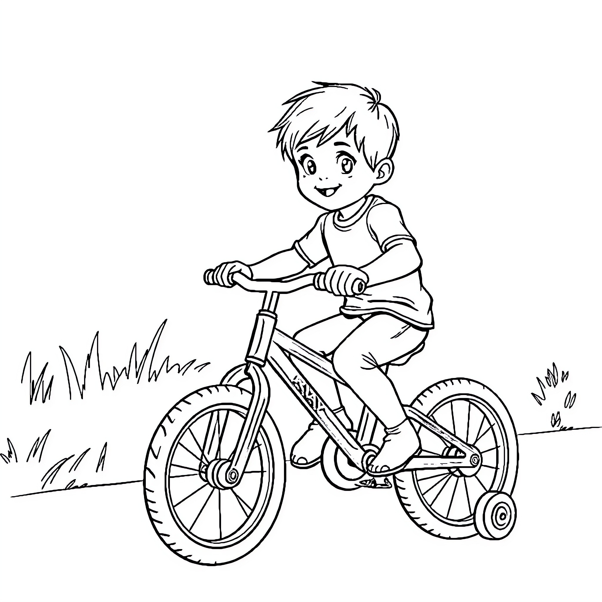 Child riding bicycle happily in the park Coloring Page (free black-and-white line drawing printable PDF for all, from beginners to advanced learners, including children, teens, adults, and seniors)