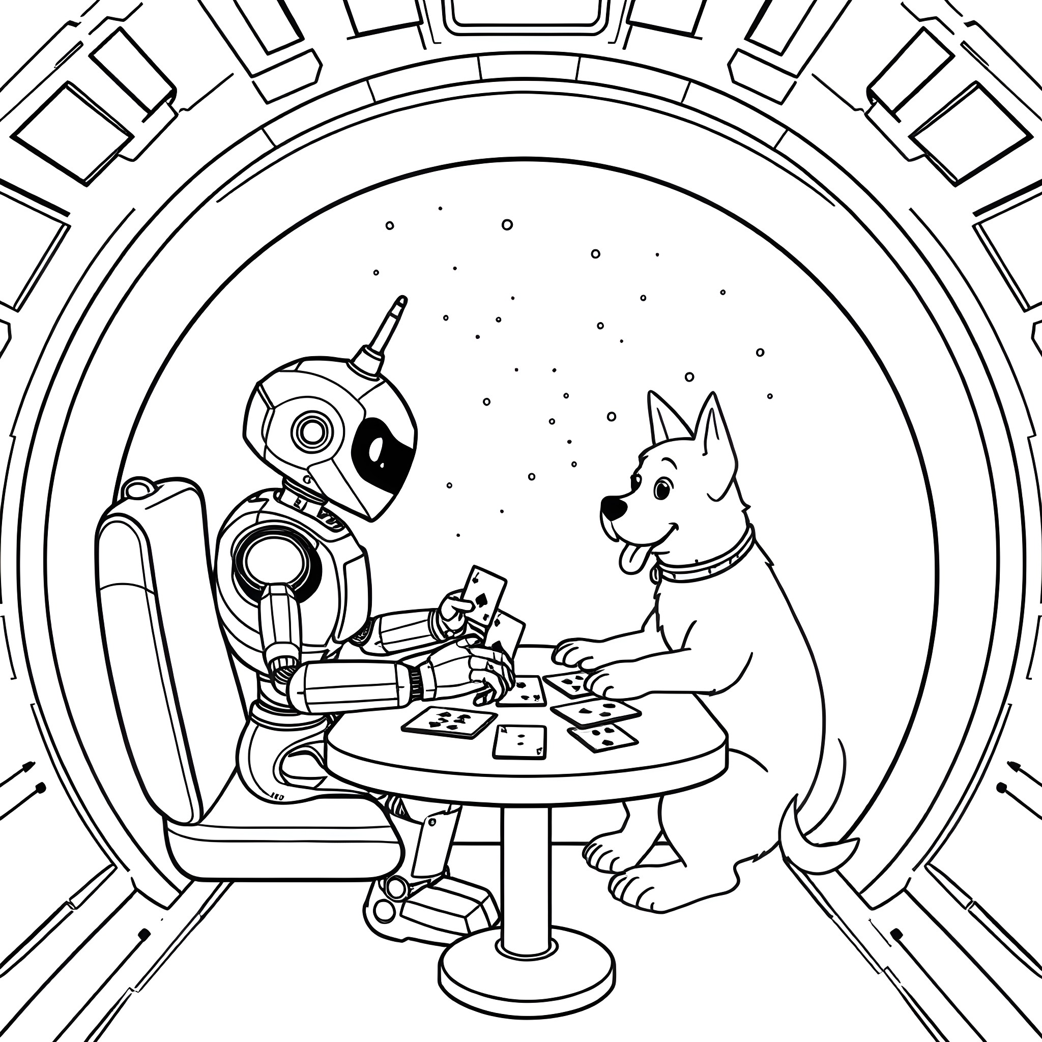 Robot and dog playing games in futuristic space Coloring Page (free black-and-white line drawing printable PDF for all, from beginners to advanced learners, including children, teens, adults, and seniors)