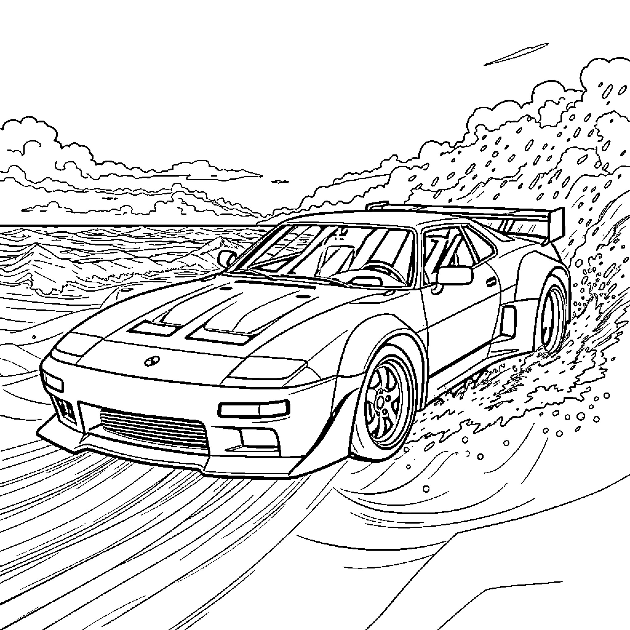Car racing on rough terrain in stormy weather Coloring Page (free black-and-white line drawing printable PDF for all, from beginners to advanced learners, including children, teens, adults, and seniors)