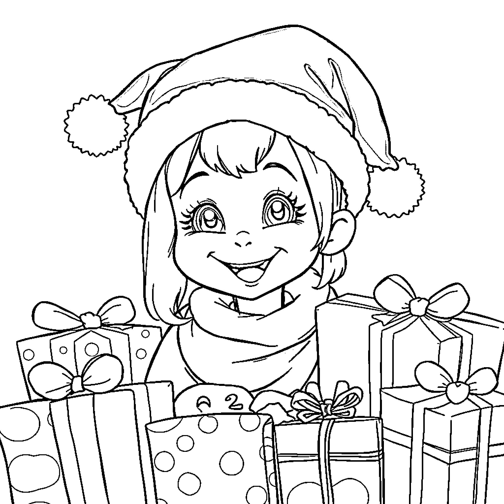Gabby's Festive Fun with Presents Coloring Page (free black-and-white line drawing printable PDF for all, from beginners to advanced learners, including children, teens, adults, and seniors)