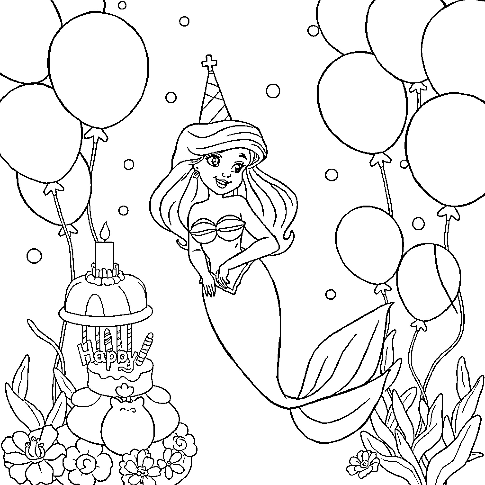 Ariel Celebrating Her Birthday with Balloons Coloring Page (free black-and-white line drawing printable PDF for all, from beginners to advanced learners, including children, teens, adults, and seniors)