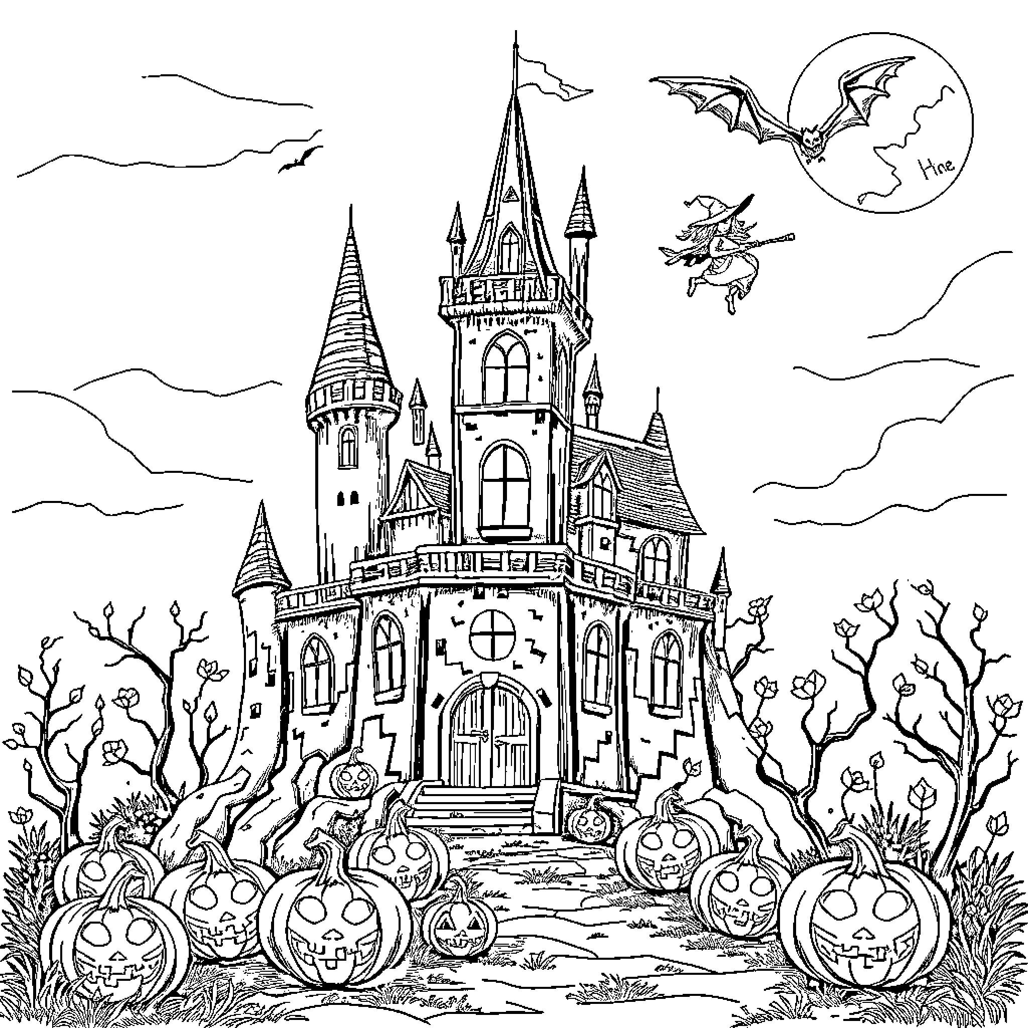 Halloween Castle and Pumpkins in Enchanted Forest Coloring Page (free black-and-white line drawing printable PDF for all, from beginners to advanced learners, including children, teens, adults, and seniors)
