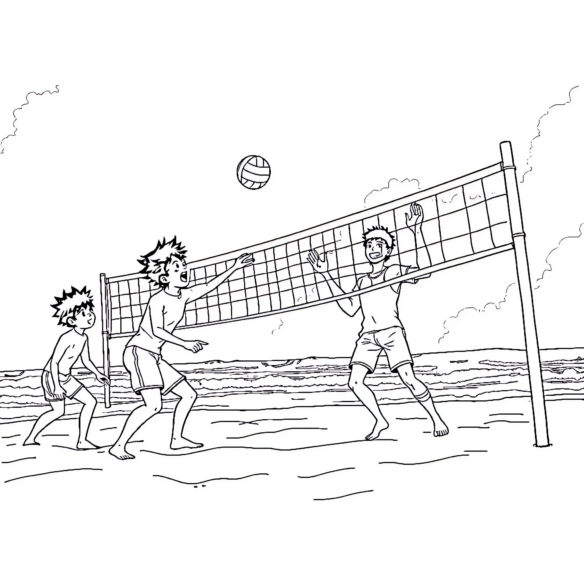 Volleyball game on the beach Coloring Page (free black-and-white line drawing printable PDF for all, from beginners to advanced learners, including children, teens, adults, and seniors)