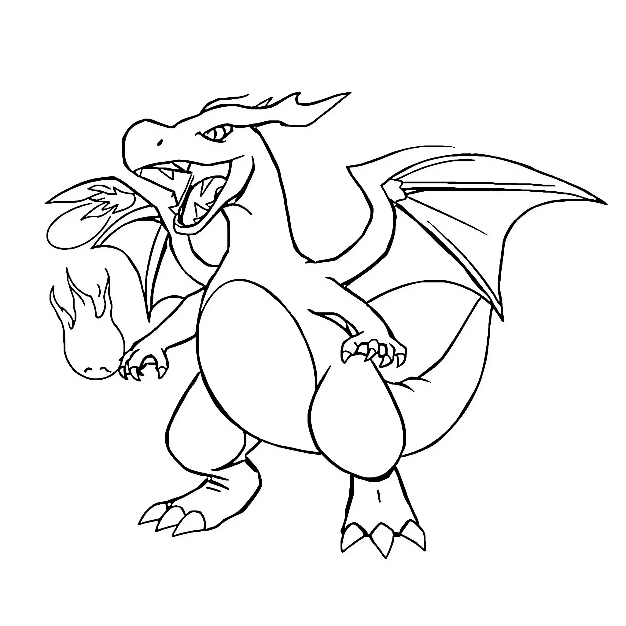 Charizard roaring with wings spread Coloring Page (free black-and-white line drawing printable PDF for all, from beginners to advanced learners, including children, teens, adults, and seniors)