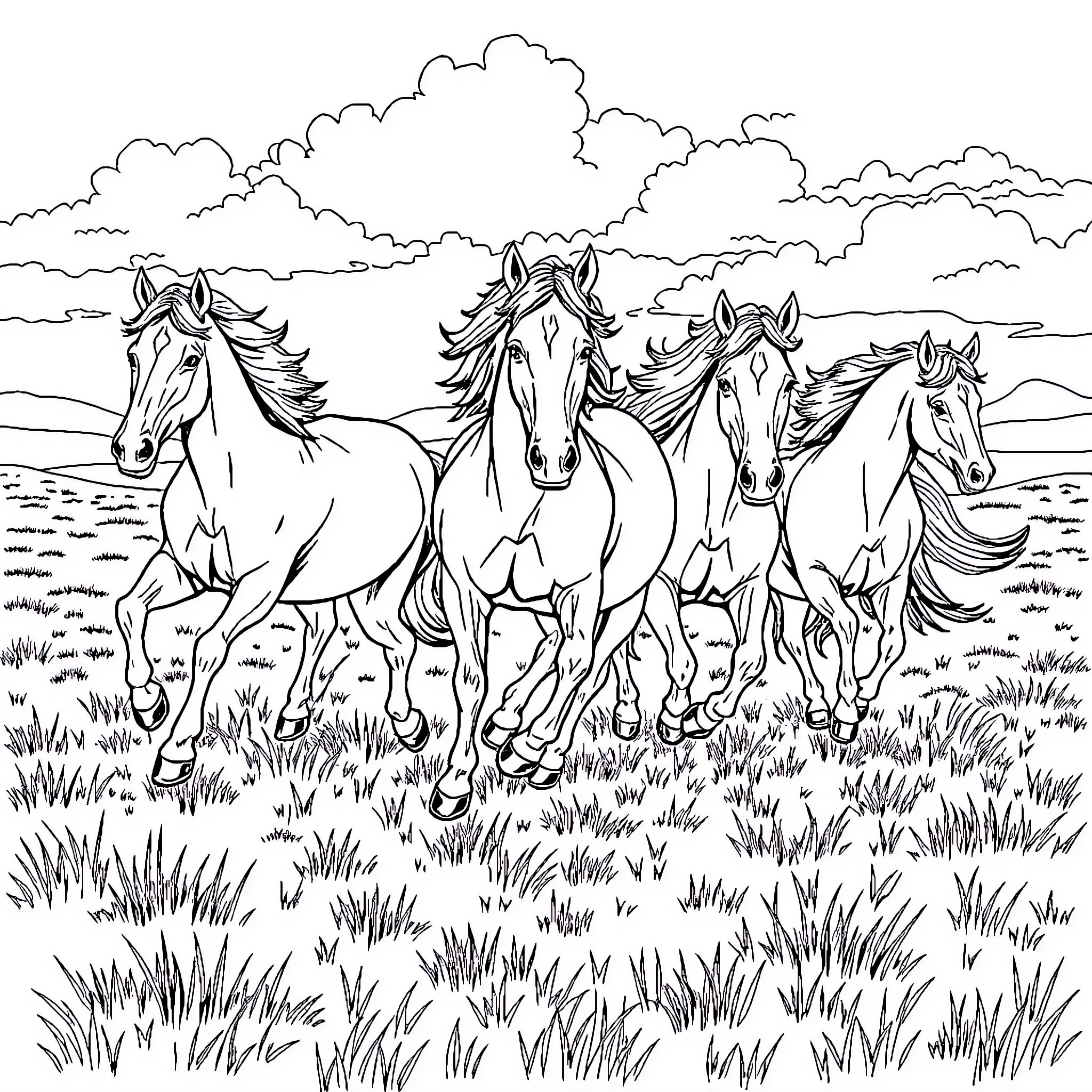 Horse herd galloping through grassy field Coloring Page (free black-and-white line drawing printable PDF for all, from beginners to advanced learners, including children, teens, adults, and seniors)