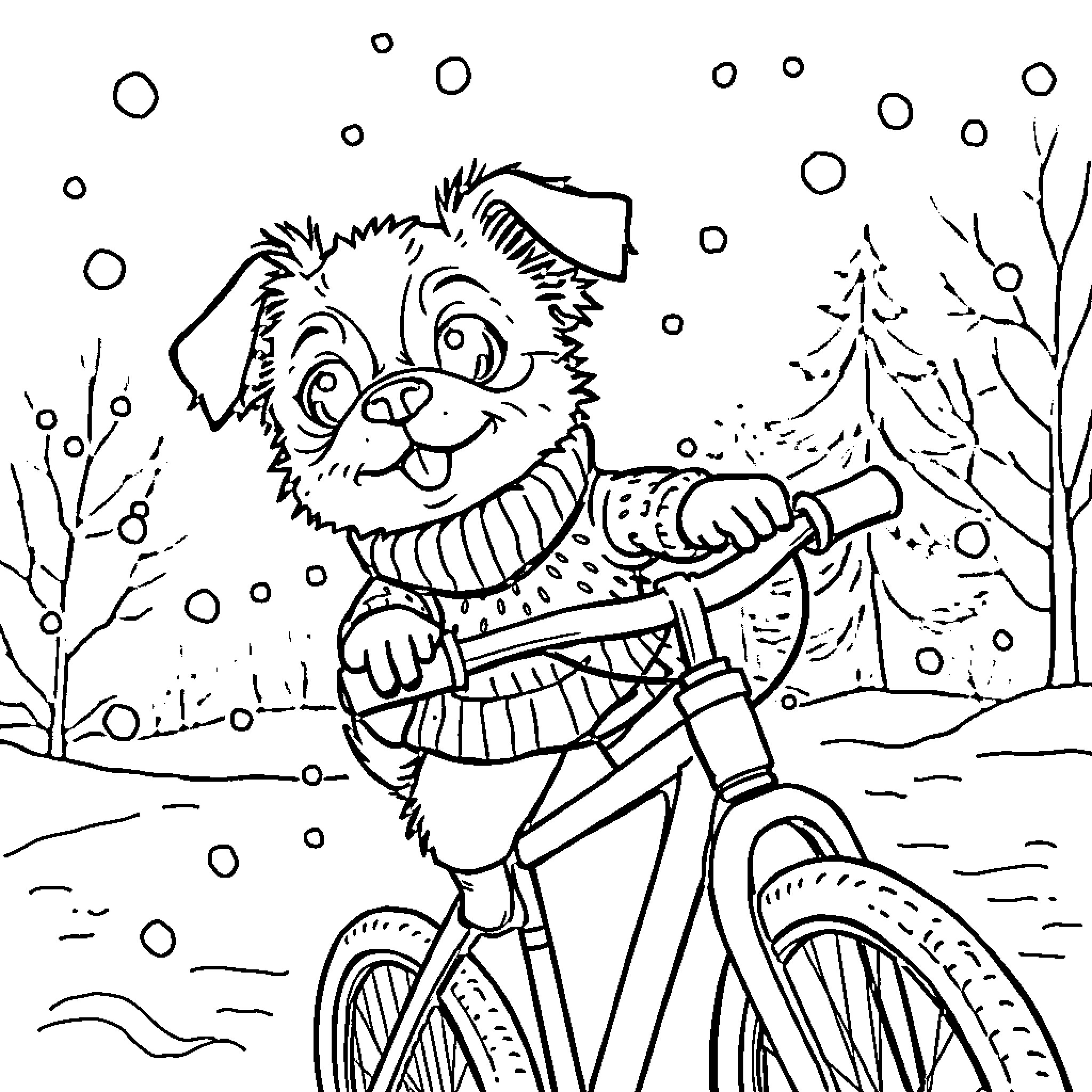 Dog riding a bicycle in a snowy winter scene Coloring Page (free black-and-white line drawing printable PDF for all, from beginners to advanced learners, including children, teens, adults, and seniors)