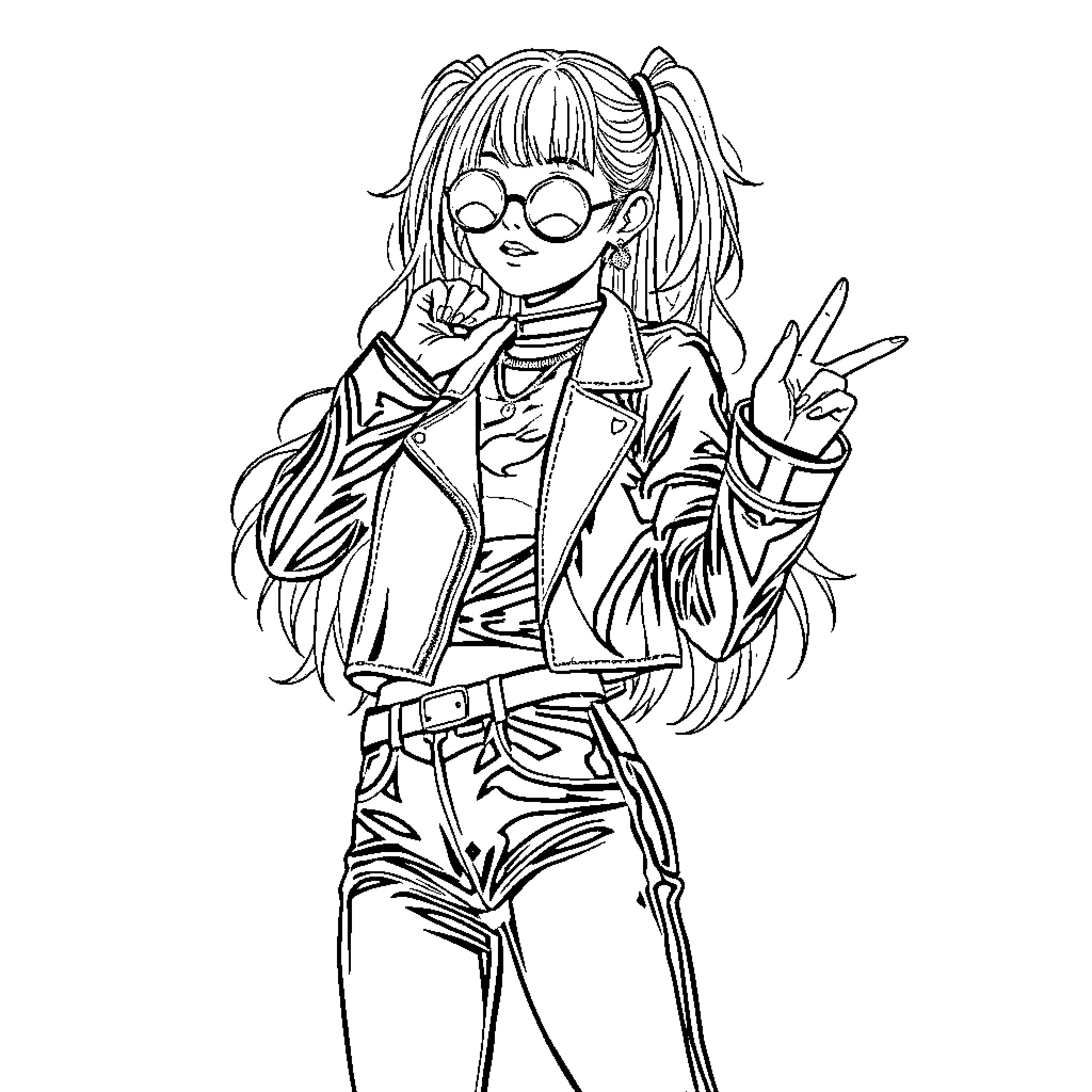 Kpop Girl with Confident Pose and Playful Expression Coloring Page (free black-and-white line drawing printable PDF for all, from beginners to advanced learners, including children, teens, adults, and seniors)