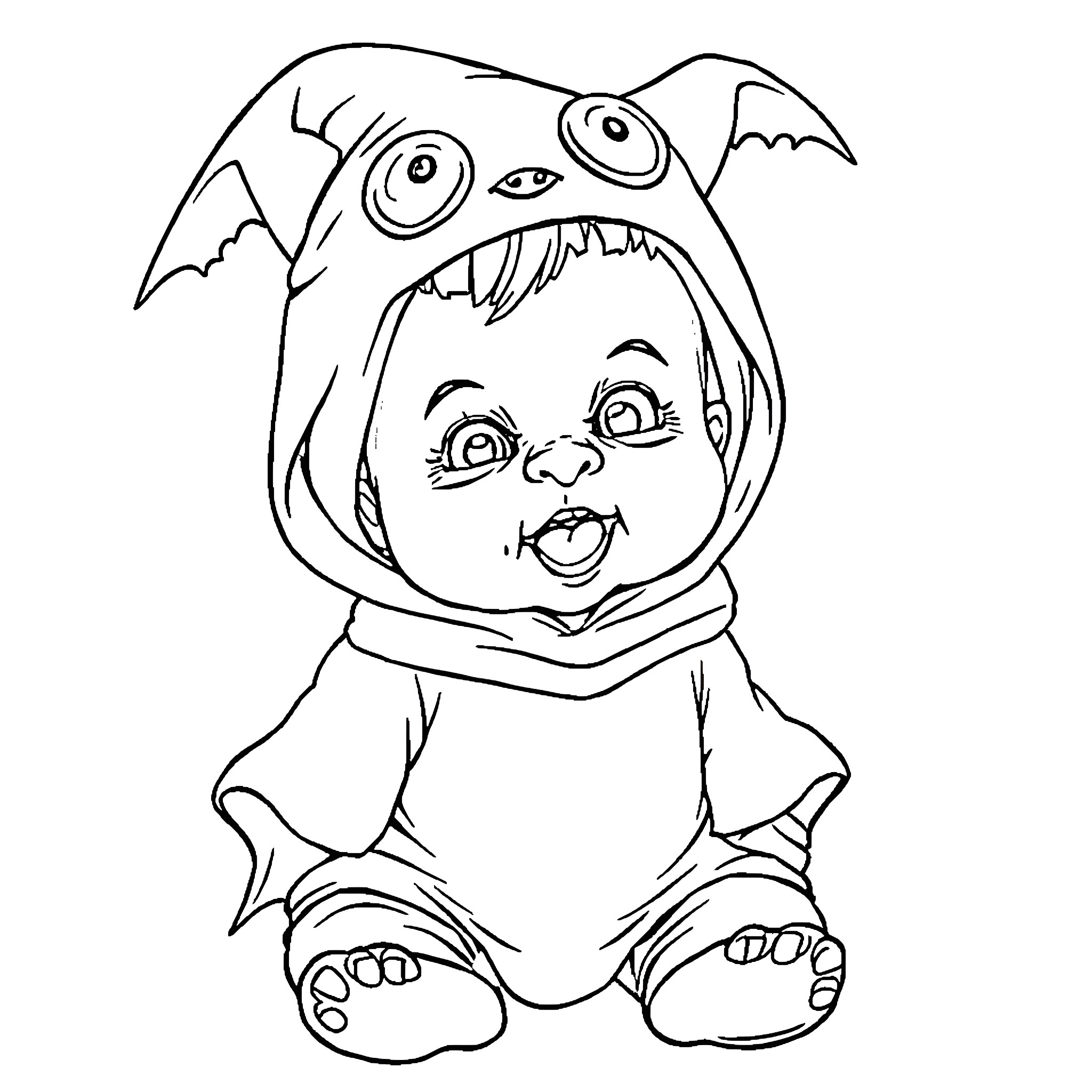 Baby in Monster Costume Coloring Page (free black-and-white line drawing printable PDF for all, from beginners to advanced learners, including children, teens, adults, and seniors)