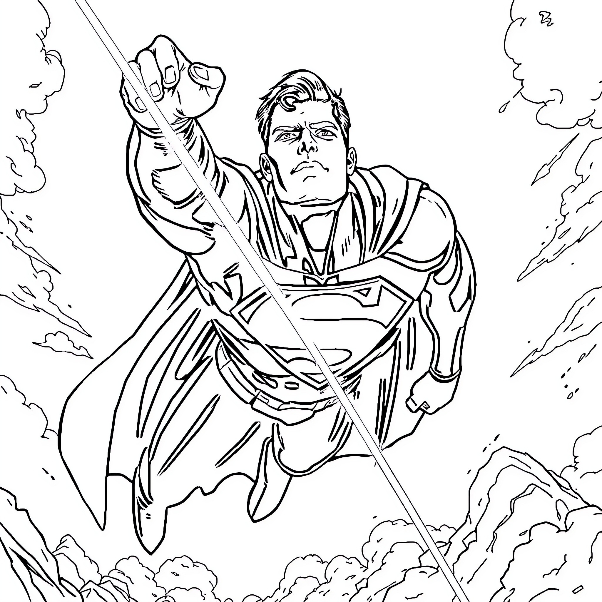Superman's heroic flight through the sky Coloring Page (free black-and-white line drawing printable PDF for all, from beginners to advanced learners, including children, teens, adults, and seniors)