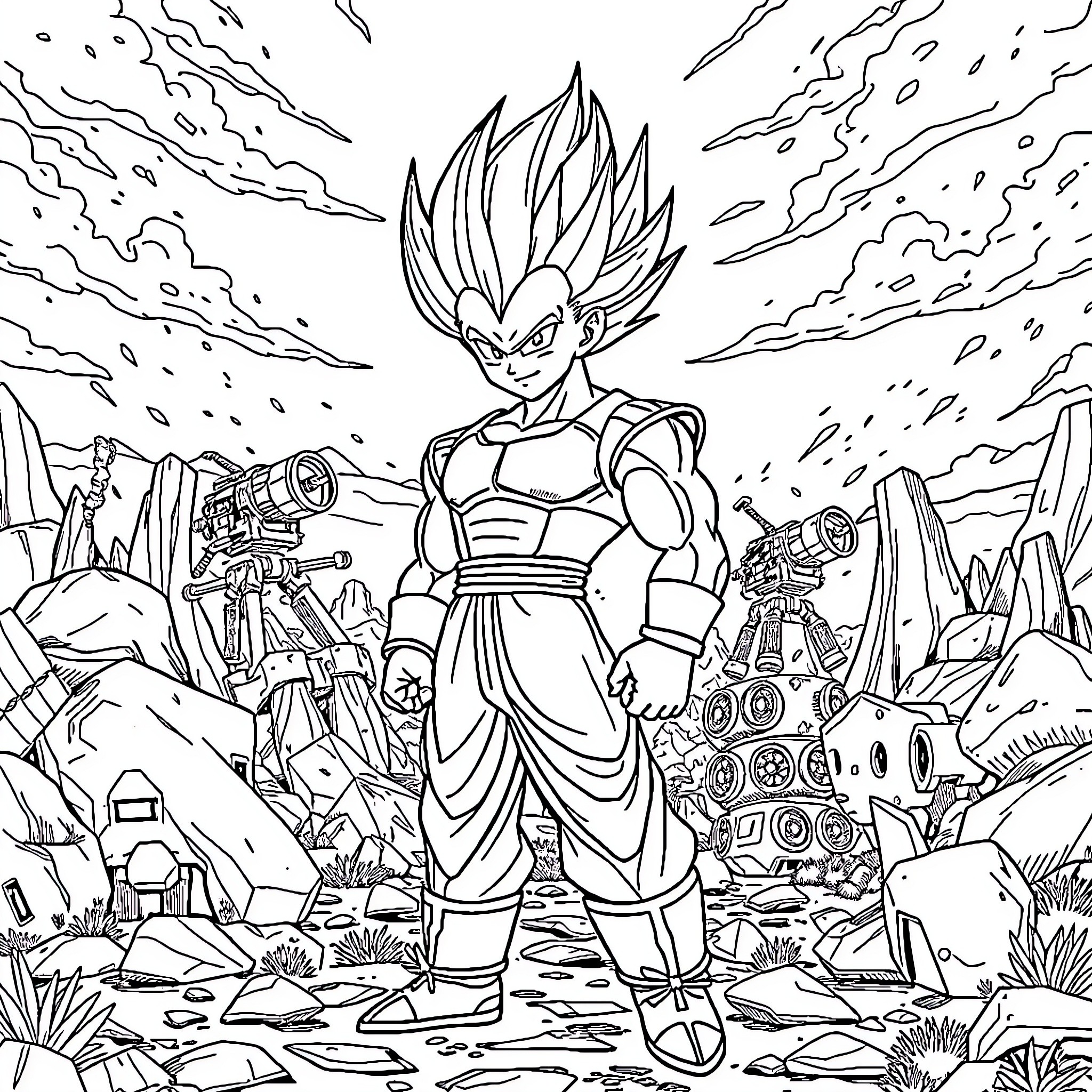 Vegeta's Powerful Stance in the Intense Landscape Coloring Page (free black-and-white line drawing printable PDF for all, from beginners to advanced learners, including children, teens, adults, and seniors)