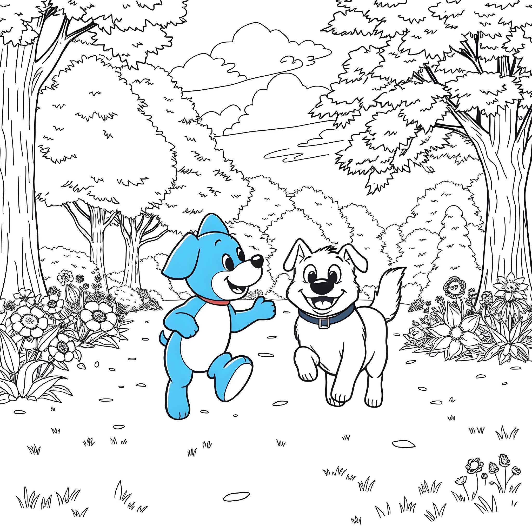 Bluey and friend explore the enchanting forest Coloring Page (free black-and-white line drawing printable PDF for all, from beginners to advanced learners, including children, teens, adults, and seniors)