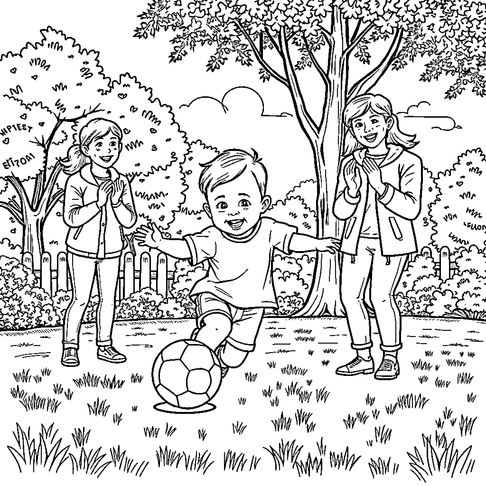Baby playing with friends in a park Coloring Page (free black-and-white line drawing printable PDF for all, from beginners to advanced learners, including children, teens, adults, and seniors)