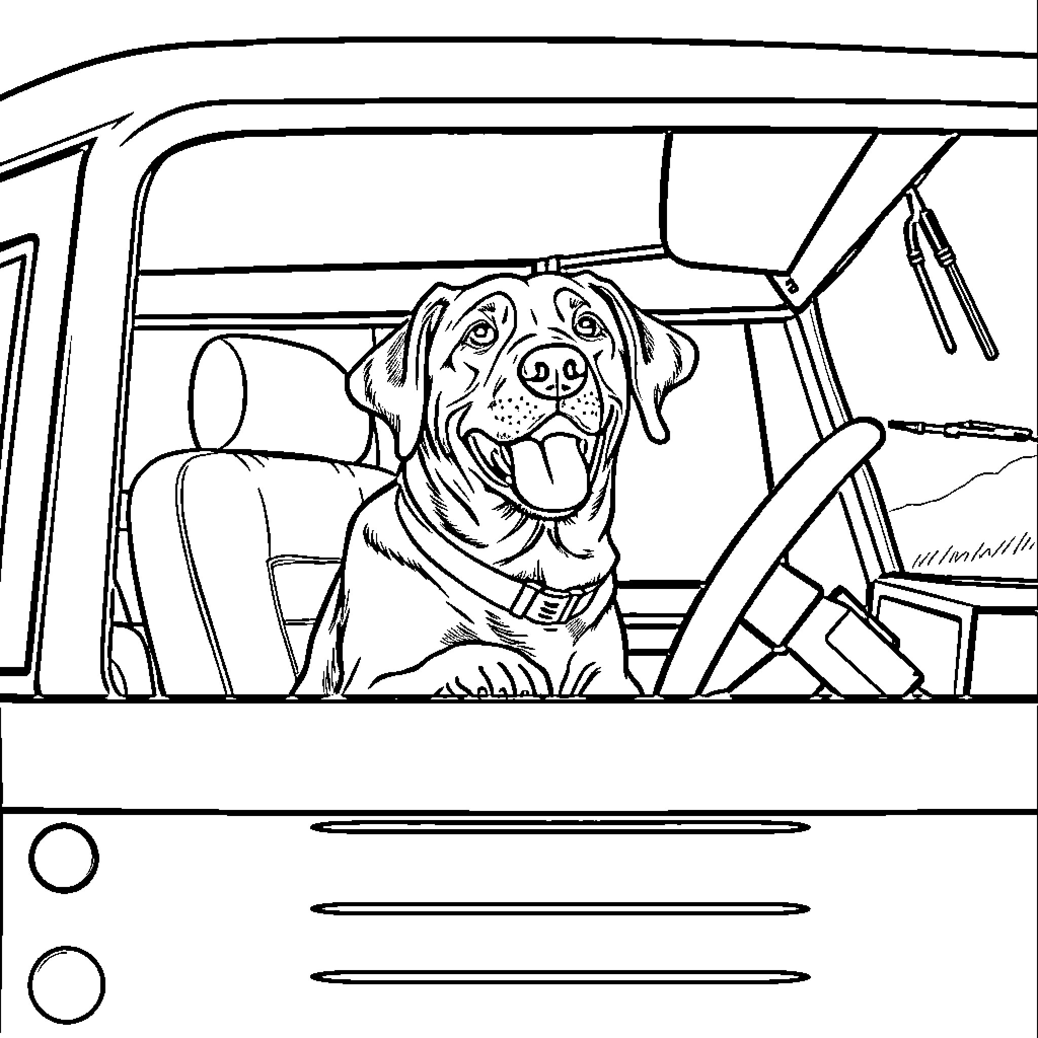Labrador riding happily in the car Coloring Page (free black-and-white line drawing printable PDF for all, from beginners to advanced learners, including children, teens, adults, and seniors)