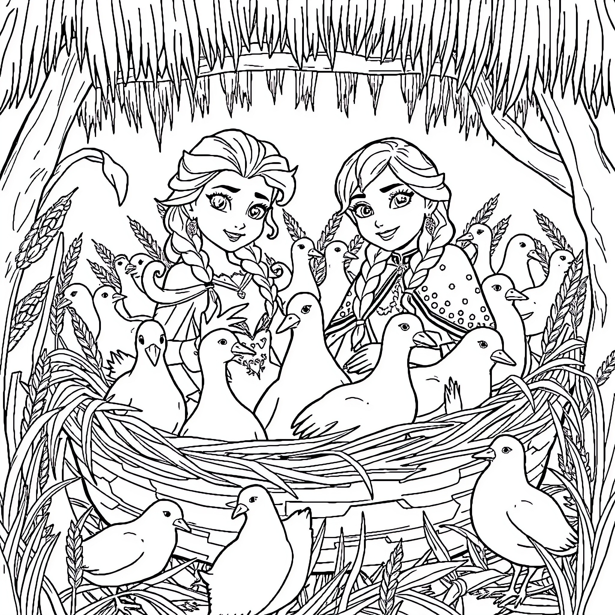 Elsa and Anna with Woodland Animals Coloring Page (free black-and-white line drawing printable PDF for all, from beginners to advanced learners, including children, teens, adults, and seniors)