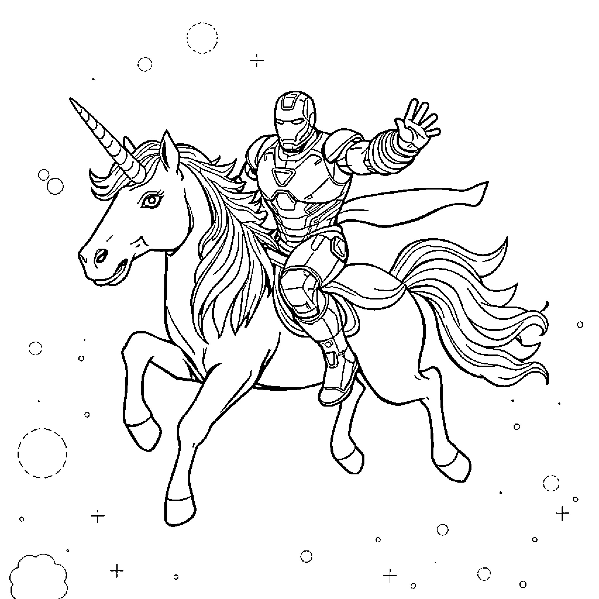 Iron Man riding a unicorn in a fantastical scene Coloring Page (free black-and-white line drawing printable PDF for all, from beginners to advanced learners, including children, teens, adults, and seniors)