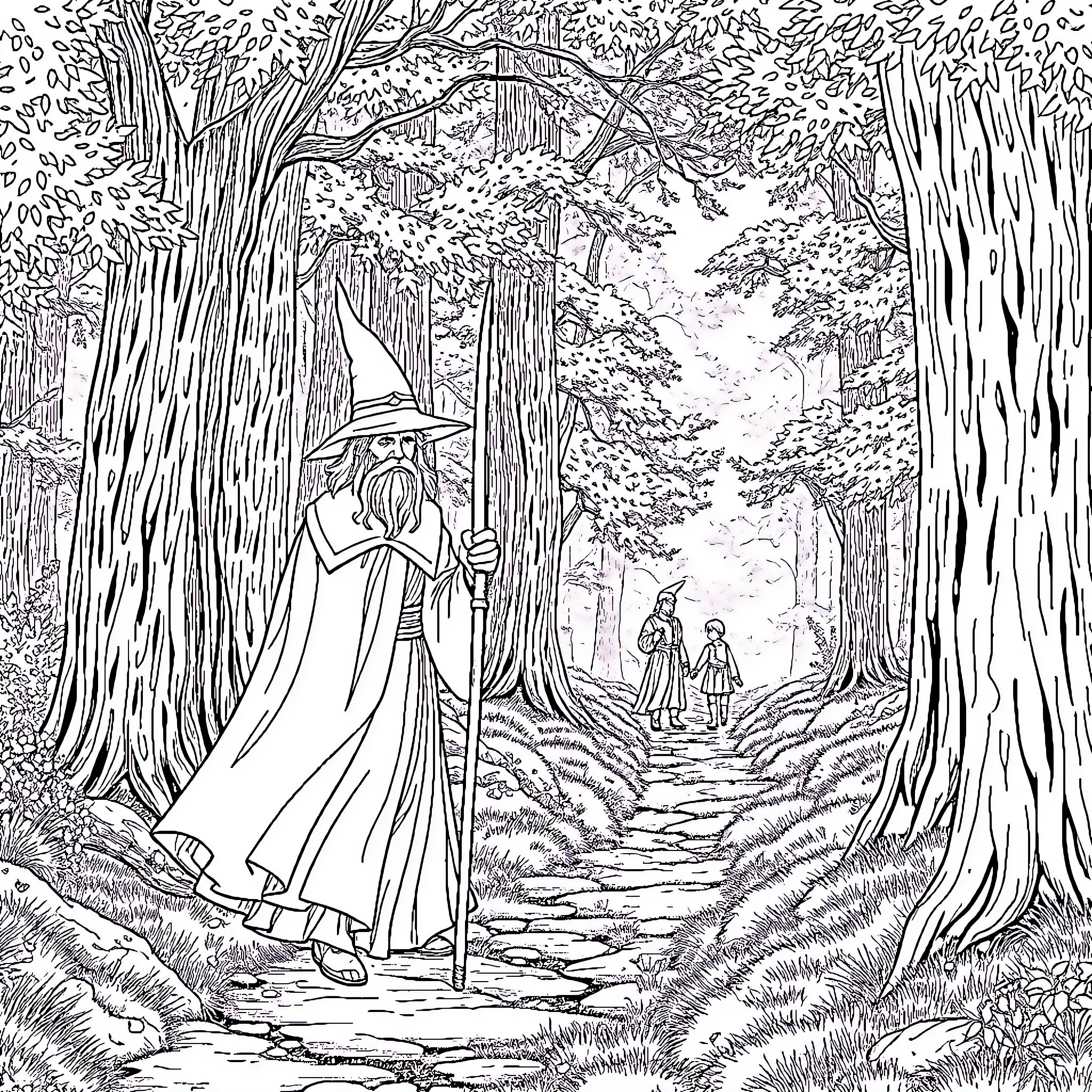 Gandalf guiding travelers through the enchanted forest Coloring Page (free black-and-white line drawing printable PDF for all, from beginners to advanced learners, including children, teens, adults, and seniors)