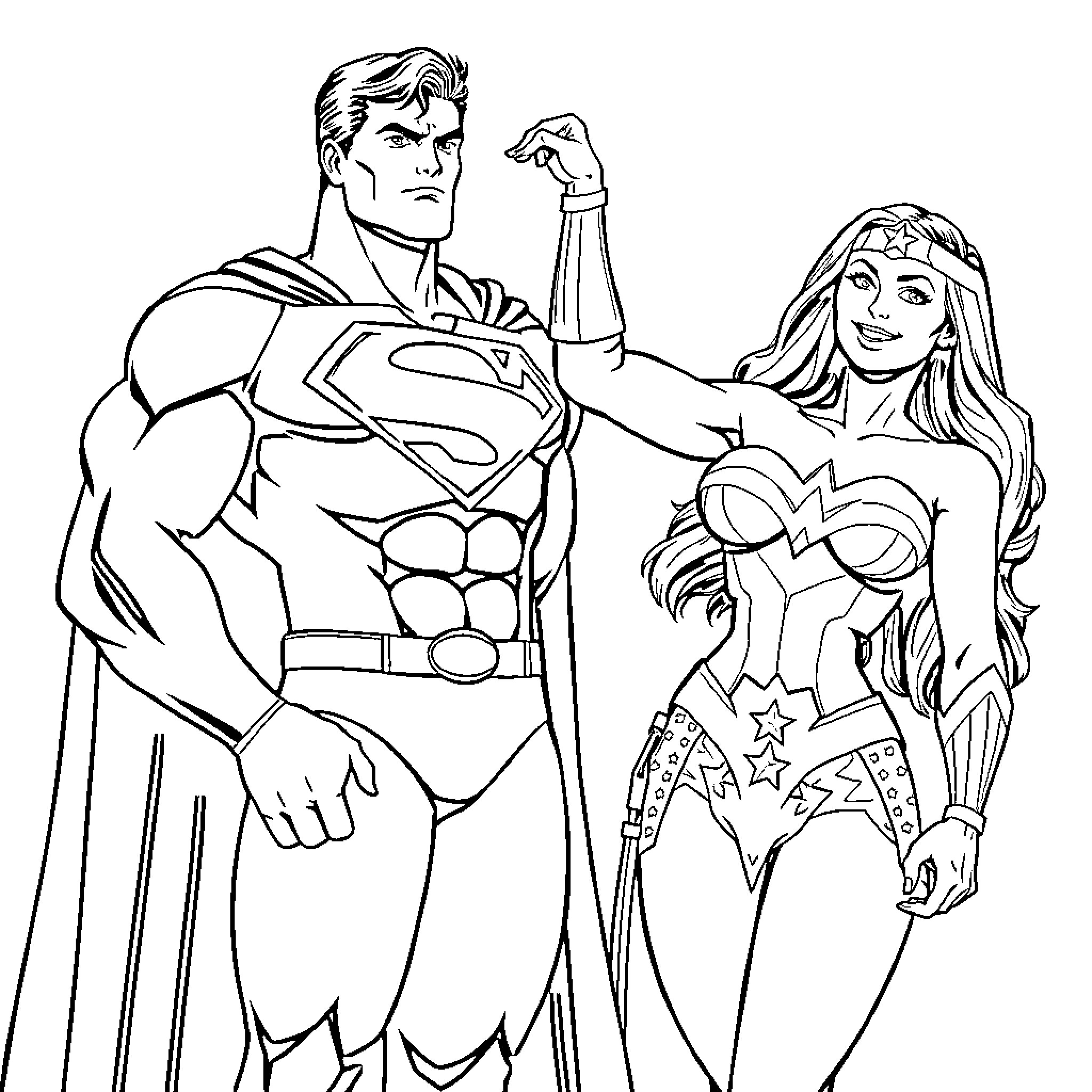 Superman and Wonder Woman in action poses Coloring Page (free black-and-white line drawing printable PDF for all, from beginners to advanced learners, including children, teens, adults, and seniors)