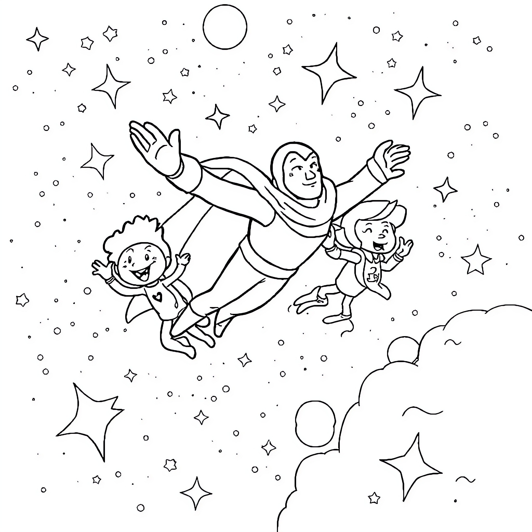 Space Ghost floating through the starry skies Coloring Page (free black-and-white line drawing printable PDF for all, from beginners to advanced learners, including children, teens, adults, and seniors)