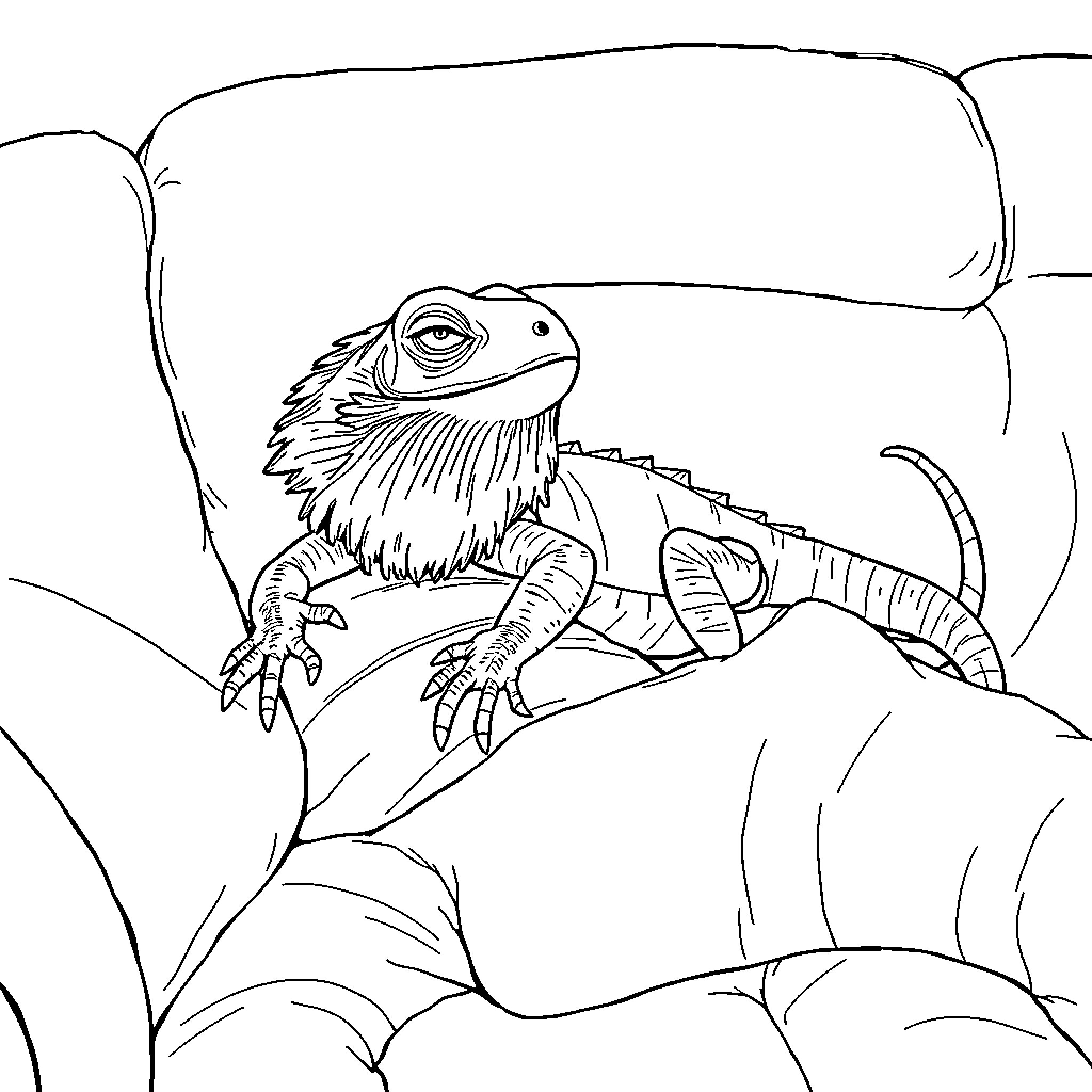 Bearded Dragon exploring natural surroundings Coloring Page (free black-and-white line drawing printable PDF for all, from beginners to advanced learners, including children, teens, adults, and seniors)