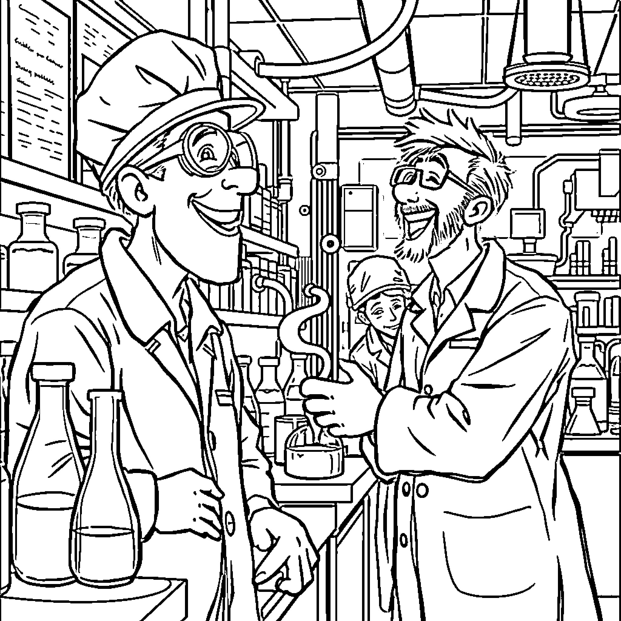 Chemical Operators Collaborating in the Laboratory Coloring Page (free black-and-white line drawing printable PDF for all, from beginners to advanced learners, including children, teens, adults, and seniors)