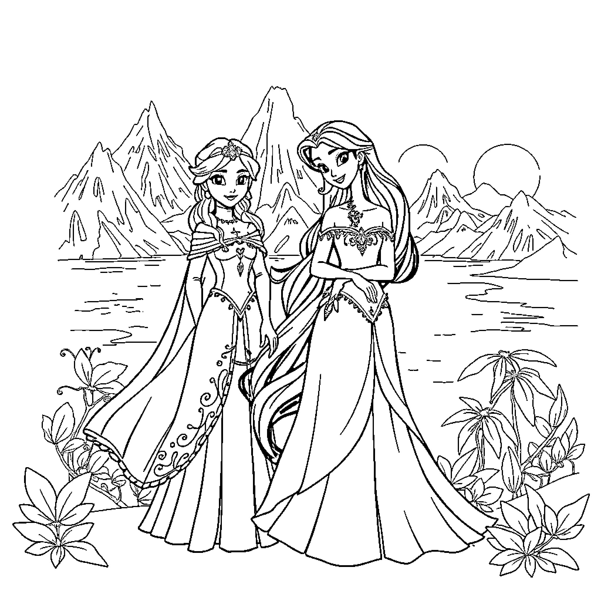 Queen Elsa and Queen Anna in Ceremonial Attire Coloring Page (free black-and-white line drawing printable PDF for all, from beginners to advanced learners, including children, teens, adults, and seniors)