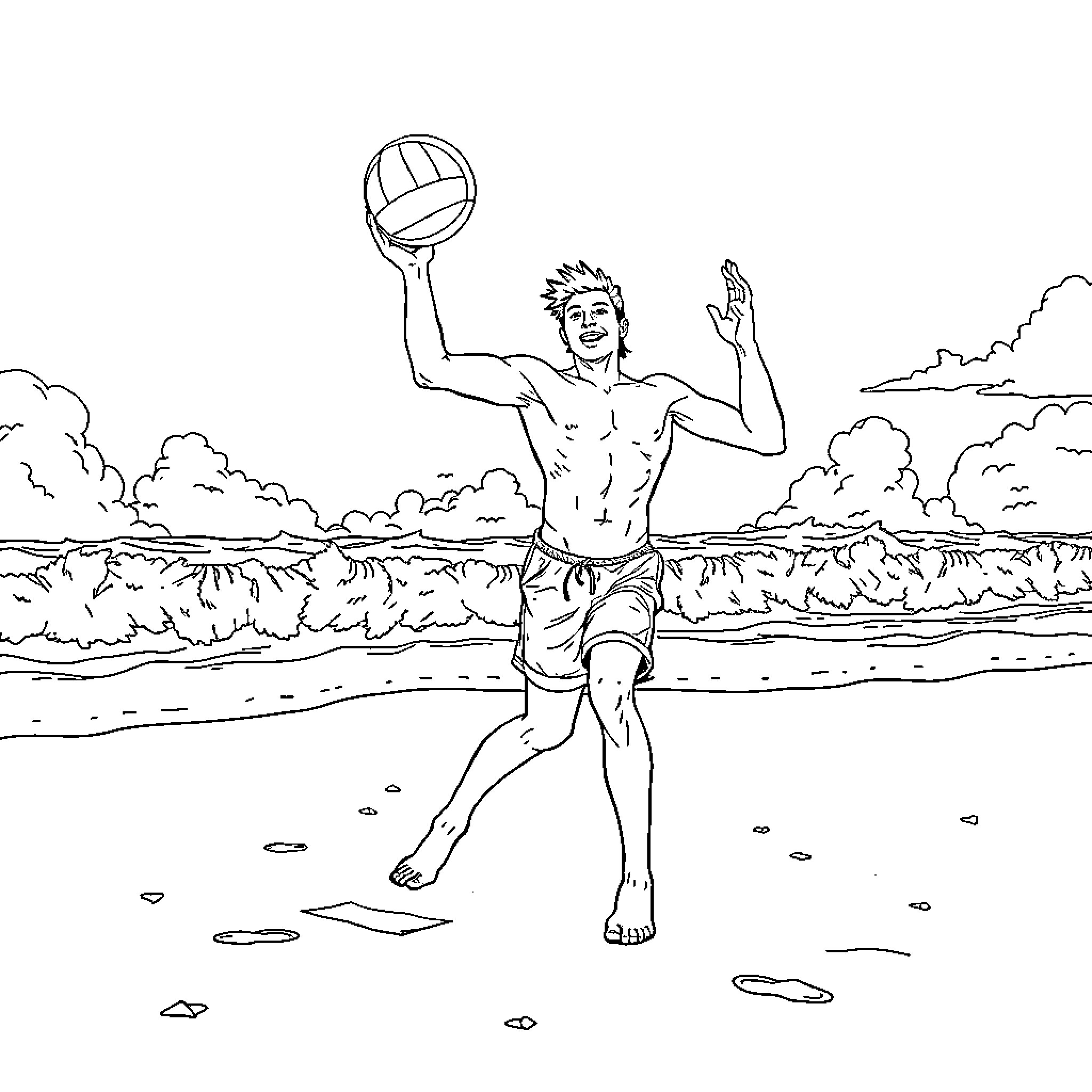 Tralalero - Man playing volleyball on the beach Coloring Page (free black-and-white line drawing printable PDF for all, from beginners to advanced learners, including children, teens, adults, and seniors)