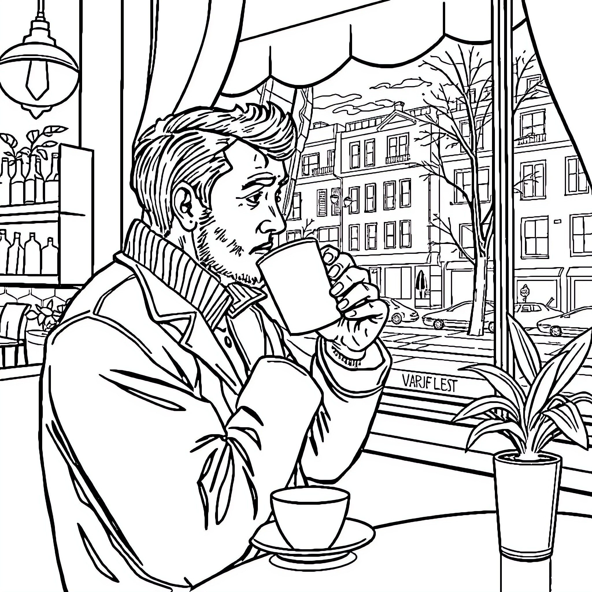 Homme assis dans un café, observant la ville Coloring Page (free black-and-white line drawing printable PDF for all, from beginners to advanced learners, including children, teens, adults, and seniors)