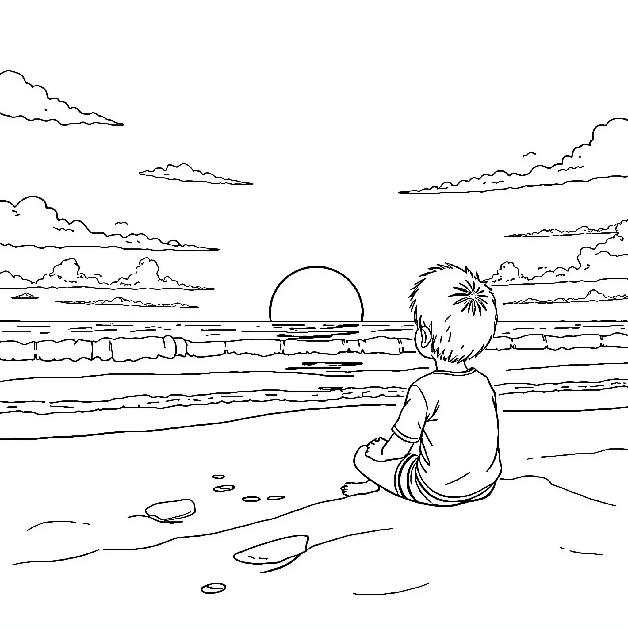 Boy sitting on the beach watching sunset Coloring Page (free black-and-white line drawing printable PDF for all, from beginners to advanced learners, including children, teens, adults, and seniors)