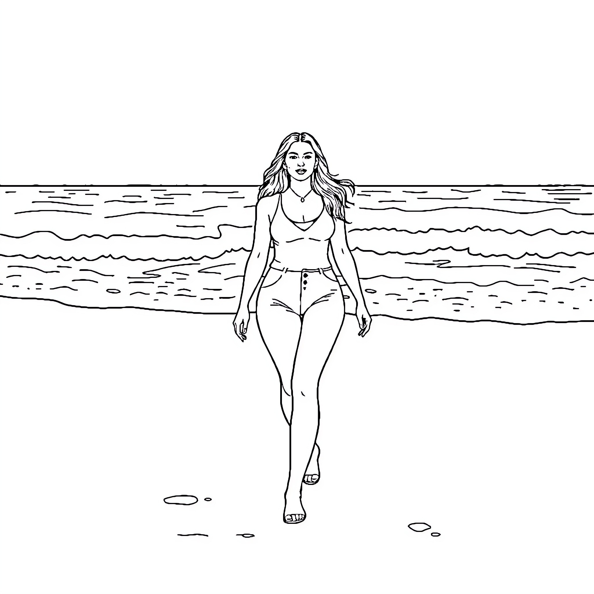 Karely Ruiz strolling along the beach Coloring Page (free black-and-white line drawing printable PDF for all, from beginners to advanced learners, including children, teens, adults, and seniors)