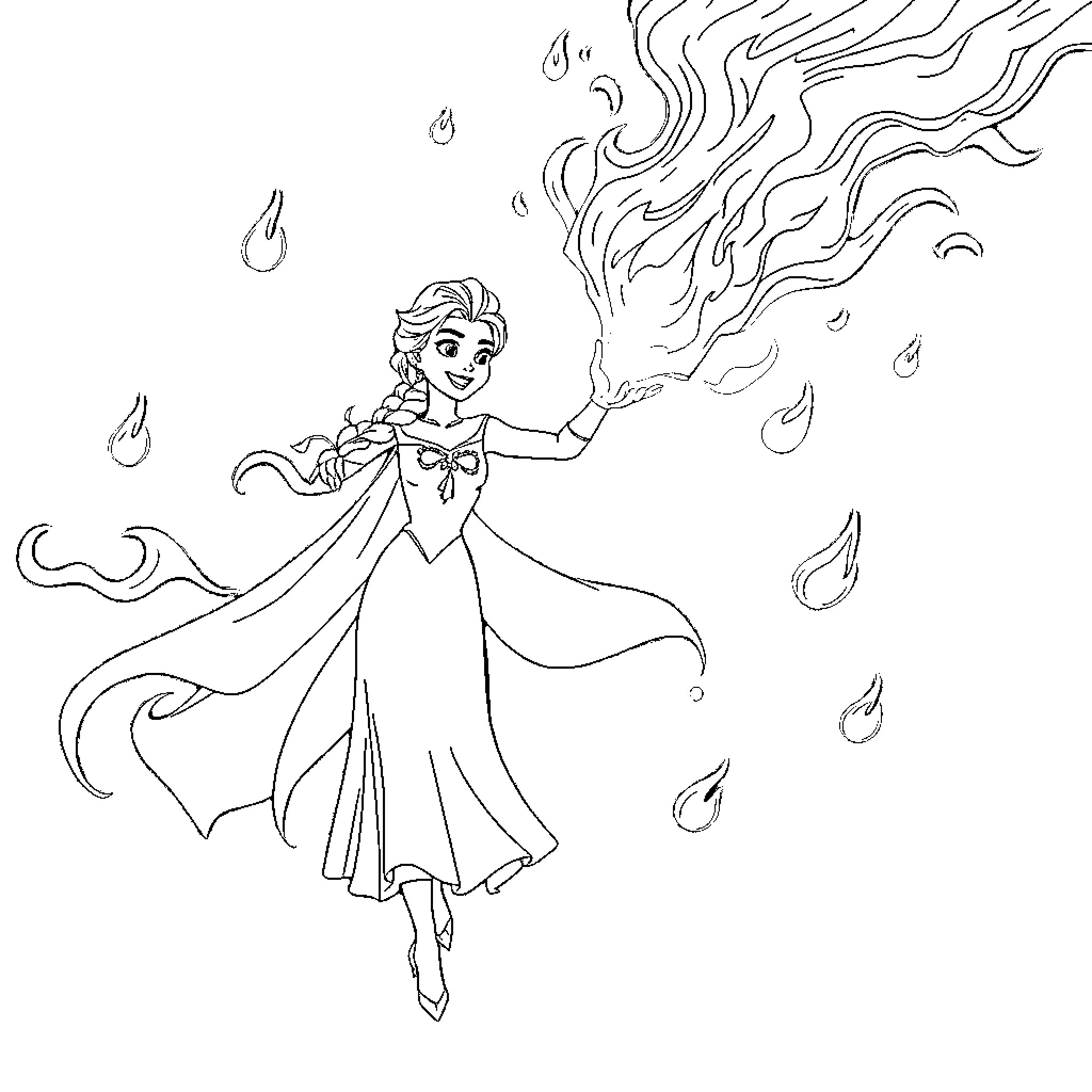 Elsa casting magical ice powers in a winter wonderland Coloring Page (free black-and-white line drawing printable PDF for all, from beginners to advanced learners, including children, teens, adults, and seniors)