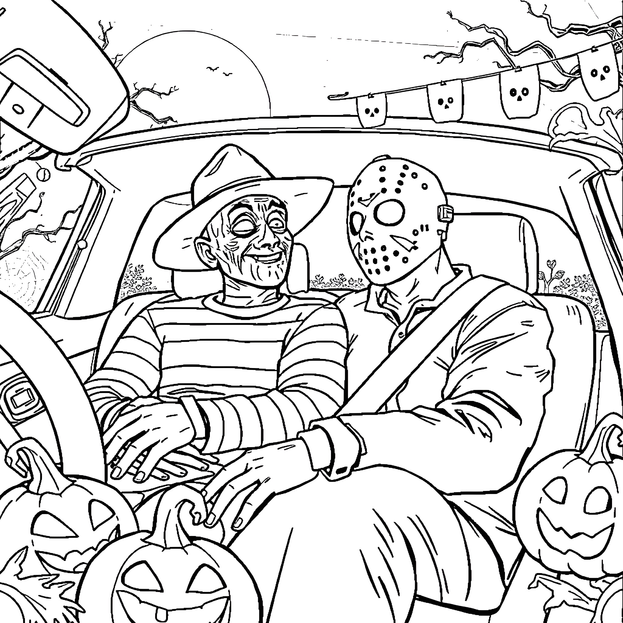 Freddy Krueger and Jason Voorhees Carving Pumpkins in a Haunted Car Coloring Page (free black-and-white line drawing printable PDF for all, from beginners to advanced learners, including children, teens, adults, and seniors)