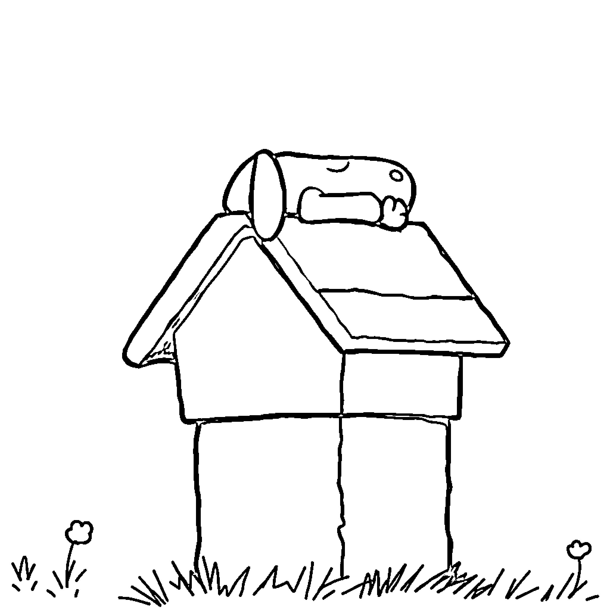 Snoopy's Playful Doghouse Adventure Coloring Page (free black-and-white line drawing printable PDF for all, from beginners to advanced learners, including children, teens, adults, and seniors)