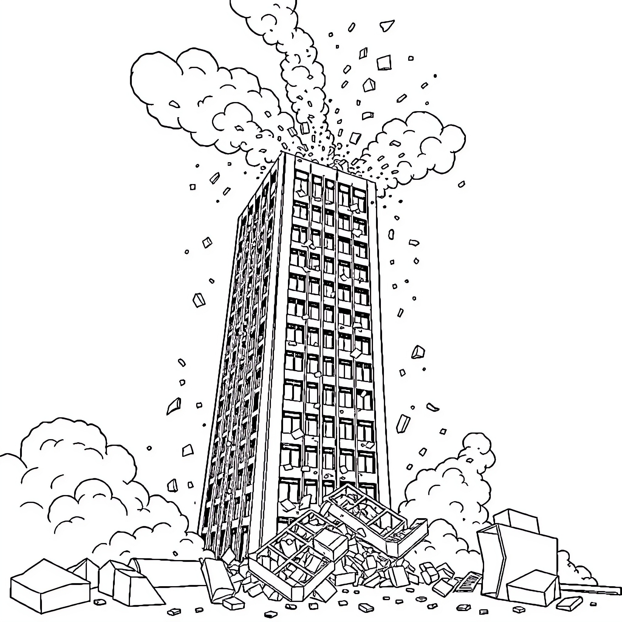 Building collapsing in an explosion Coloring Page (free black-and-white line drawing printable PDF for all, from beginners to advanced learners, including children, teens, adults, and seniors)
