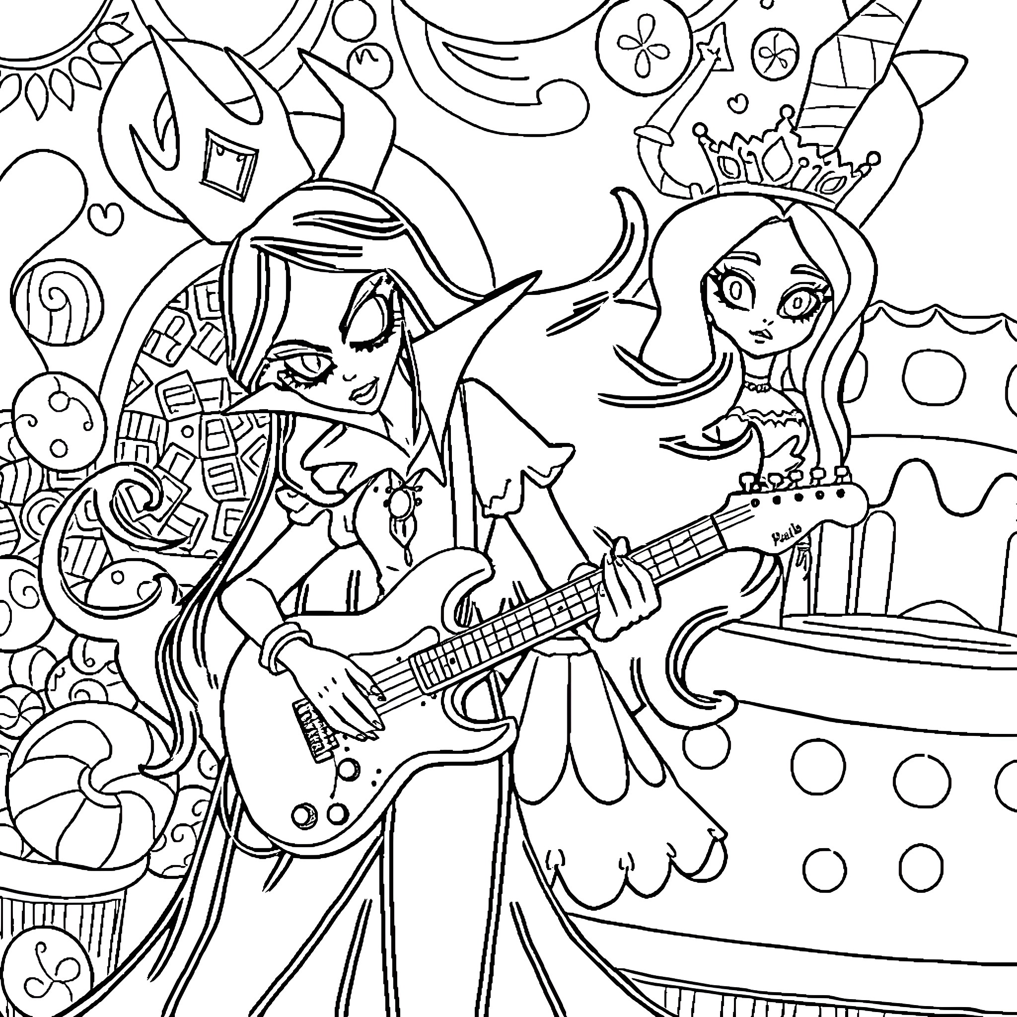 Marceline rocking out on her guitar with Princess Bubblegum Coloring Page (free black-and-white line drawing printable PDF for all, from beginners to advanced learners, including children, teens, adults, and seniors)