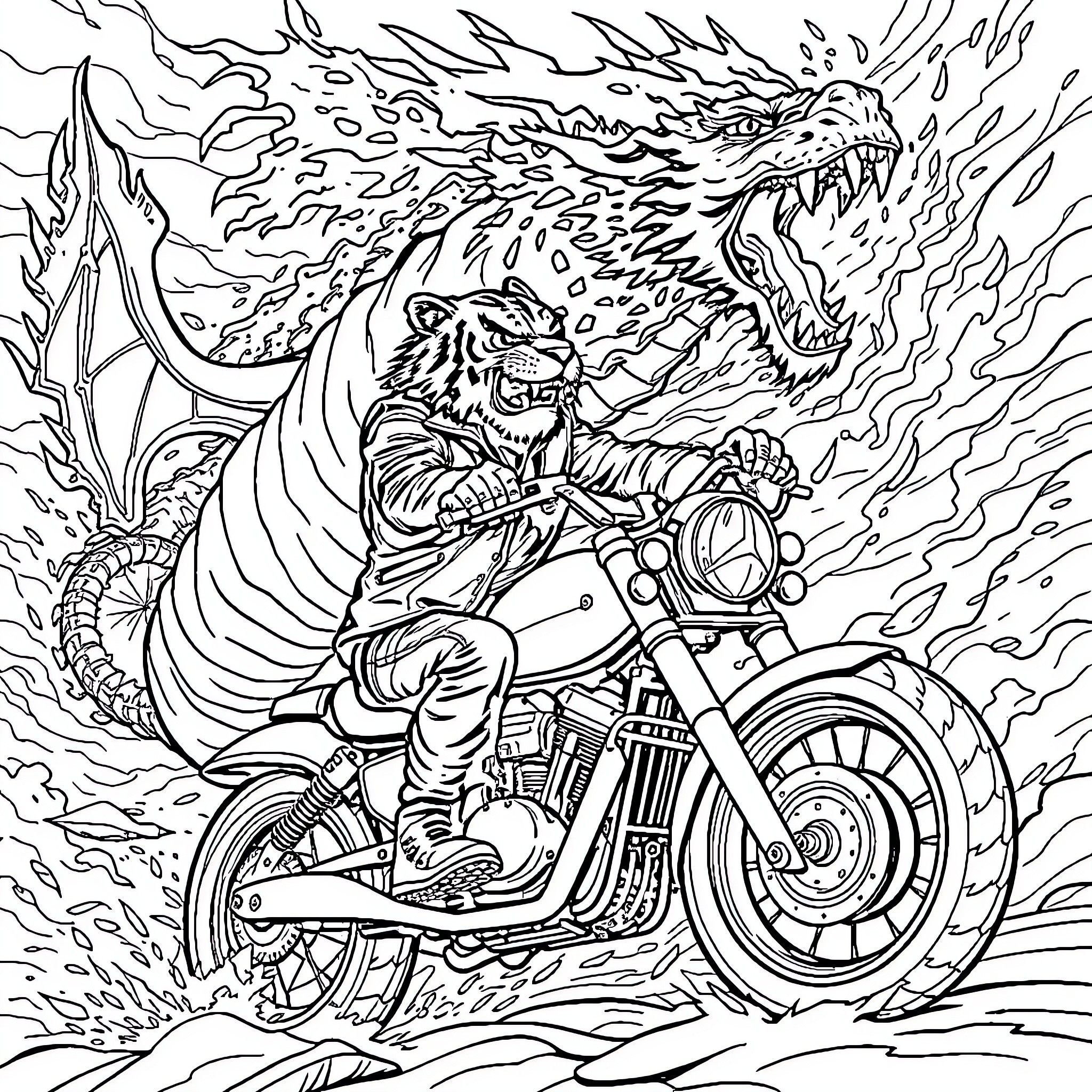 Tiger riding a powerful motorcycle amid flames Coloring Page (free black-and-white line drawing printable PDF for all, from beginners to advanced learners, including children, teens, adults, and seniors)