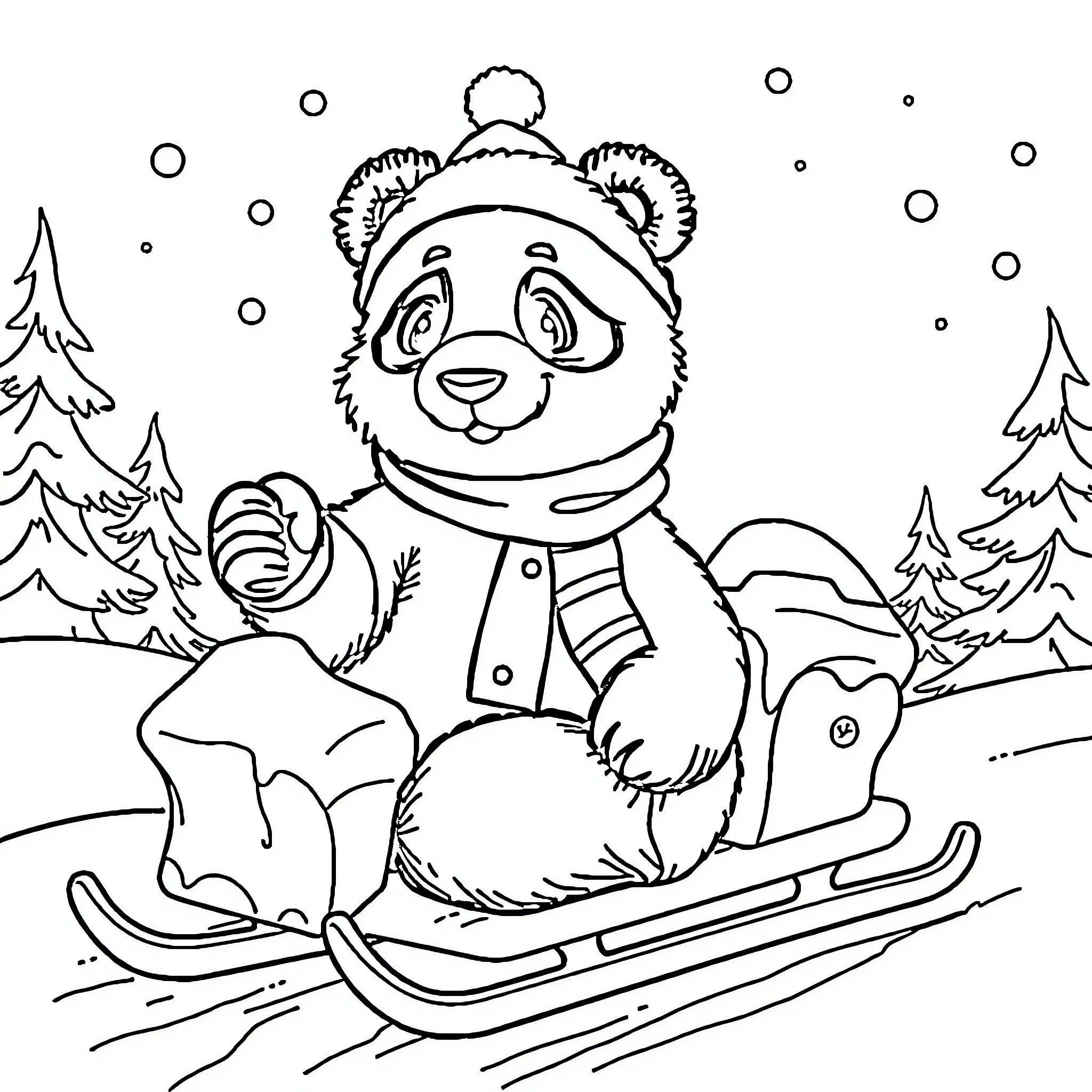 Panda enjoying winter snowy activities on a sled Coloring Page (free black-and-white line drawing printable PDF for all, from beginners to advanced learners, including children, teens, adults, and seniors)