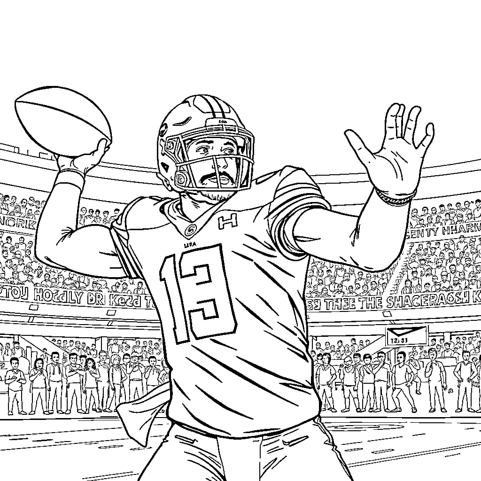Jalen Hurts celebrating touchdown in stadium Coloring Page (free black-and-white line drawing printable PDF for all, from beginners to advanced learners, including children, teens, adults, and seniors)