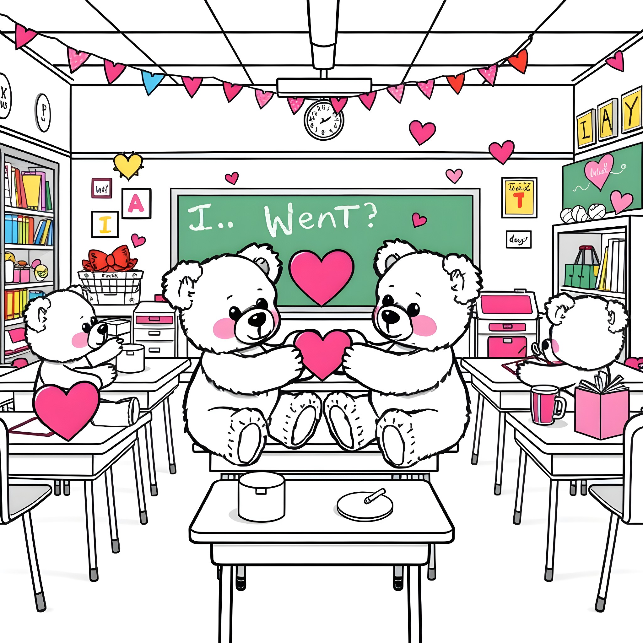 Teddy Bears Celebrating Valentine's Day in the Classroom Coloring Page (free black-and-white line drawing printable PDF for all, from beginners to advanced learners, including children, teens, adults, and seniors)