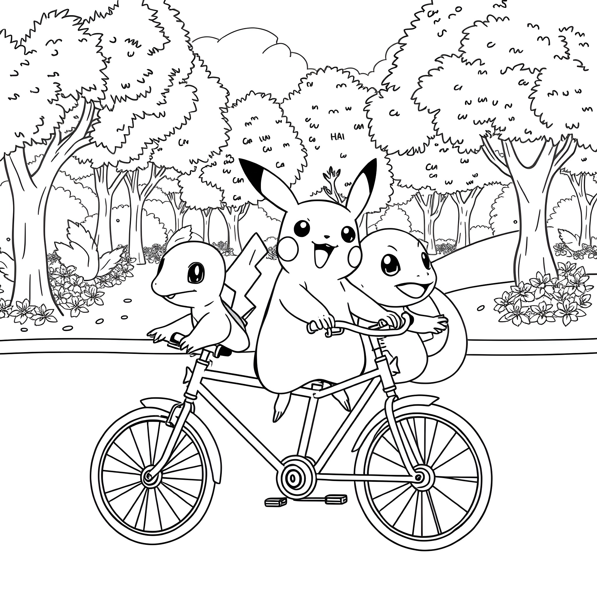 Pikachu and friends riding a bicycle in the forest Coloring Page (free black-and-white line drawing printable PDF for all, from beginners to advanced learners, including children, teens, adults, and seniors)