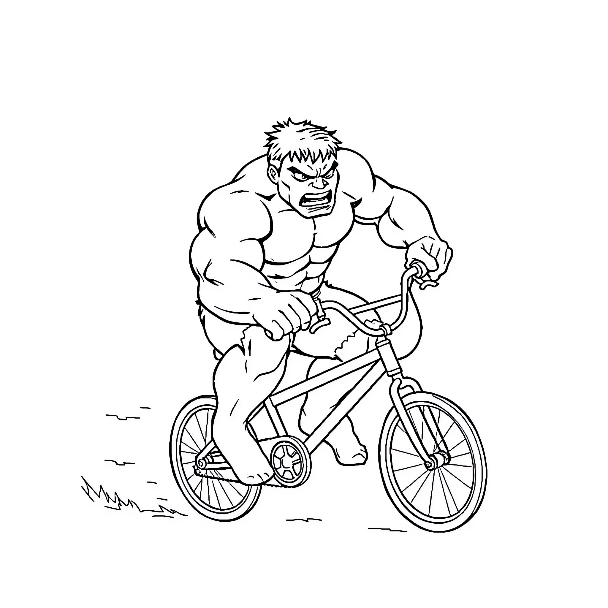 Hulk Riding a Bicycle in Anger Coloring Page (free black-and-white line drawing printable PDF for all, from beginners to advanced learners, including children, teens, adults, and seniors)