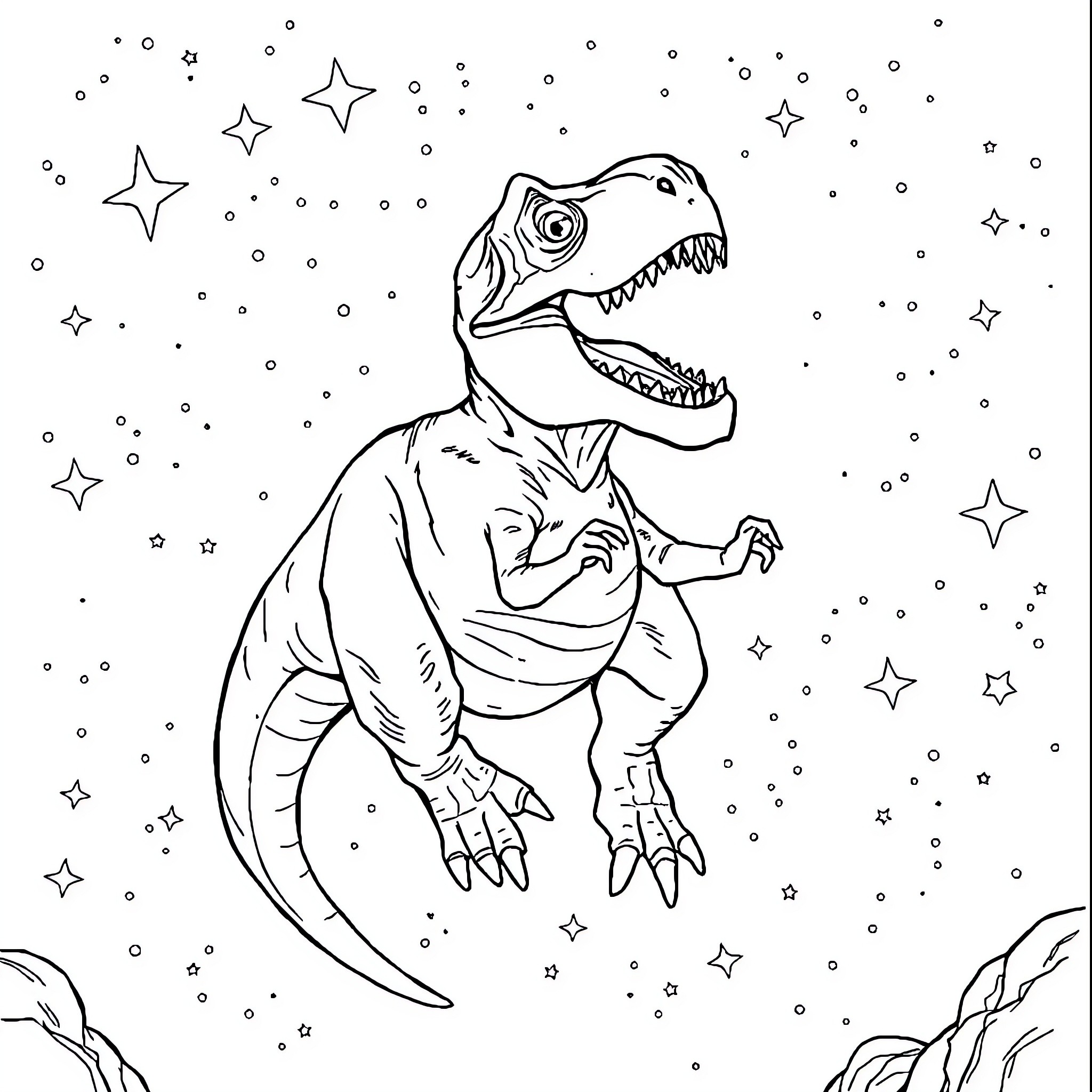 T-Rex Roaring Amidst Twinkling Stars Coloring Page (free black-and-white line drawing printable PDF for all, from beginners to advanced learners, including children, teens, adults, and seniors)
