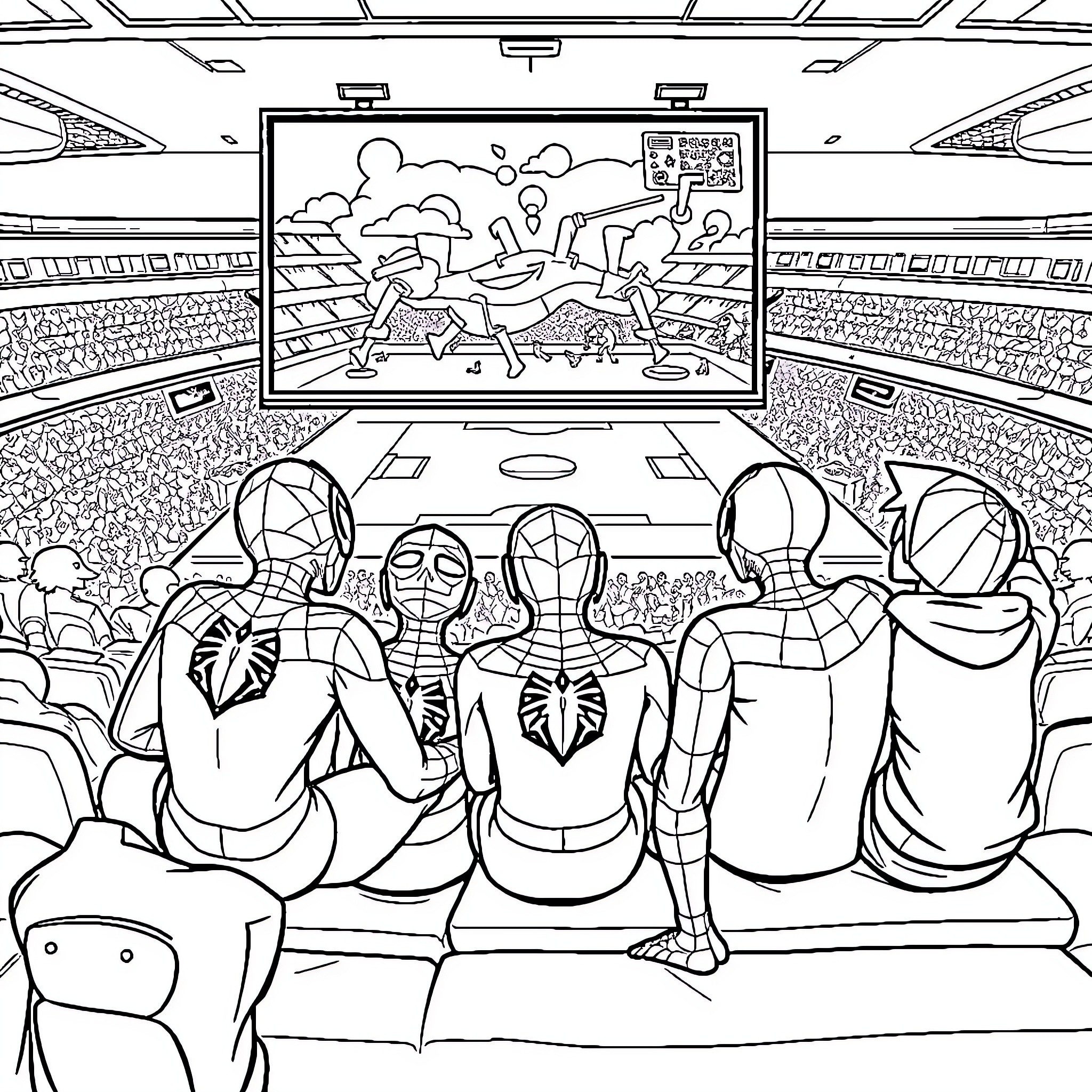 Spiderman characters watching a superhero movie Coloring Page (free black-and-white line drawing printable PDF for all, from beginners to advanced learners, including children, teens, adults, and seniors)