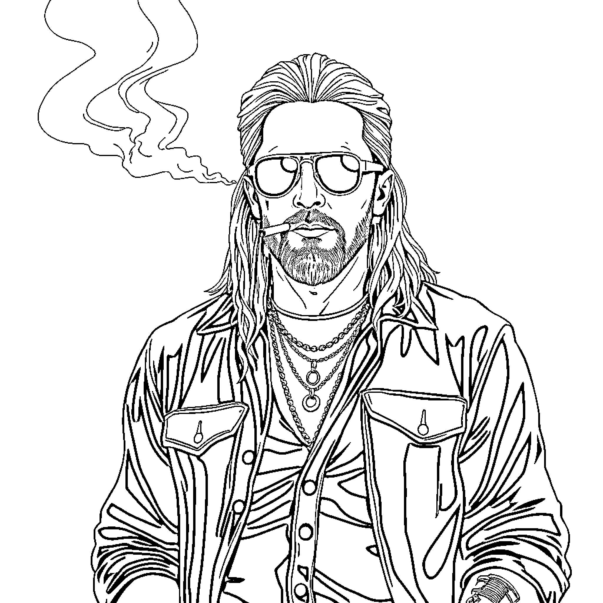 Bret Michaels depicted in caricatured style with distinct features Coloring Page (free black-and-white line drawing printable PDF for all, from beginners to advanced learners, including children, teens, adults, and seniors)