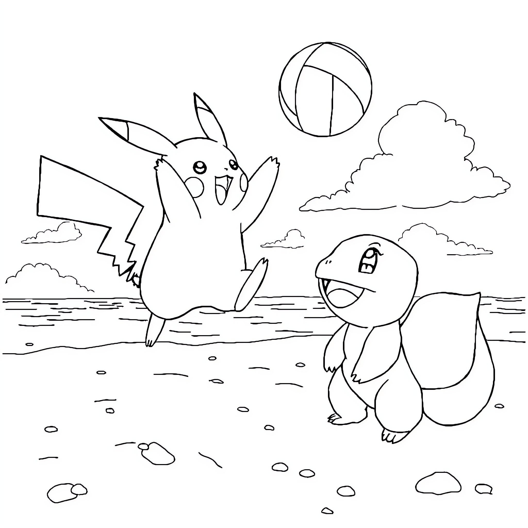 Pikachu and Squirtle playing together on the beach Coloring Page (free black-and-white line drawing printable PDF for all, from beginners to advanced learners, including children, teens, adults, and seniors)