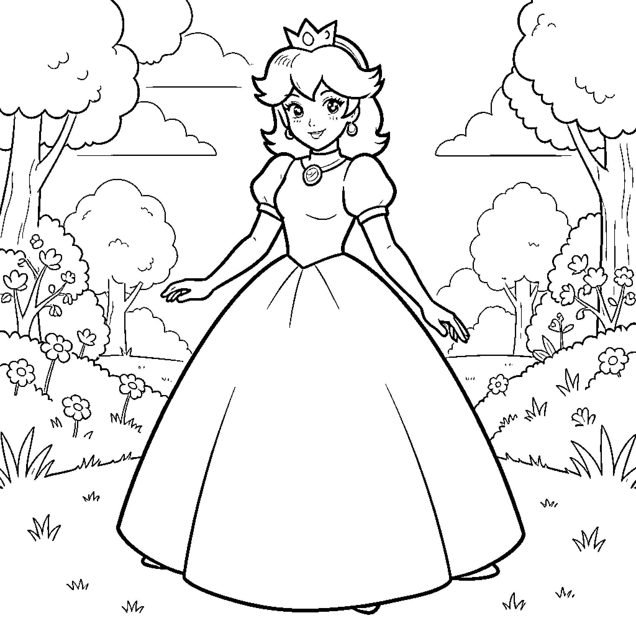 Princess Poses Gracefully in Meadow Coloring Page (free black-and-white line drawing printable PDF for all, from beginners to advanced learners, including children, teens, adults, and seniors)