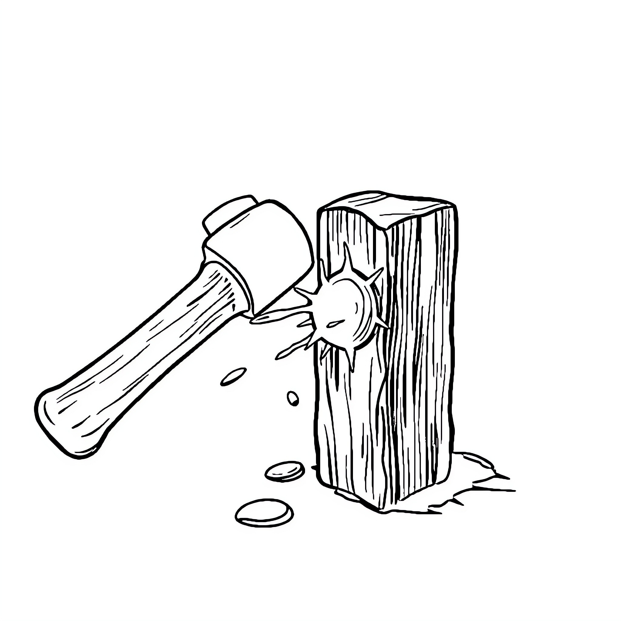 Hammer striking wooden block Coloring Page (free black-and-white line drawing printable PDF for all, from beginners to advanced learners, including children, teens, adults, and seniors)